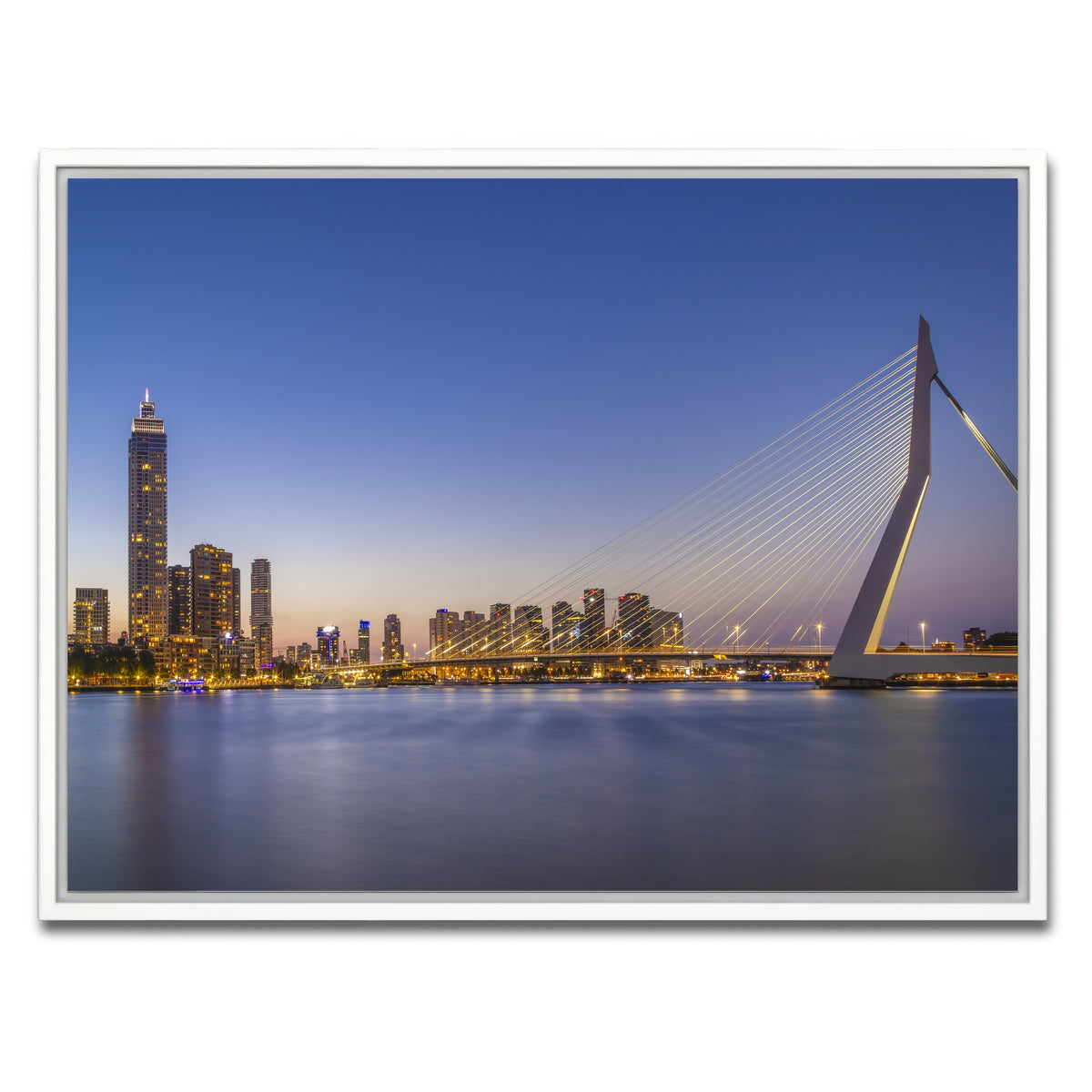 AUTO-MOCKUP WHITE | Erasmus Bridge and Rotterdam skyline in the evening | 1 Piece | White Framed Canvas | group=4x3
