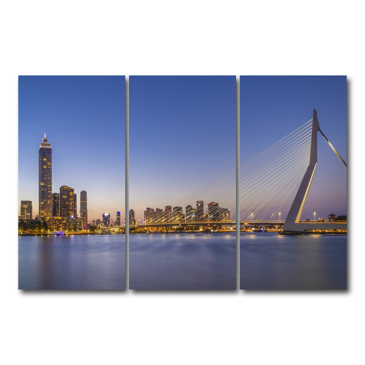 AUTO-MOCKUP WHITE | Erasmus Bridge and Rotterdam skyline in the evening | 3 Piece | Gallery Wrap Canvas | group=12x24