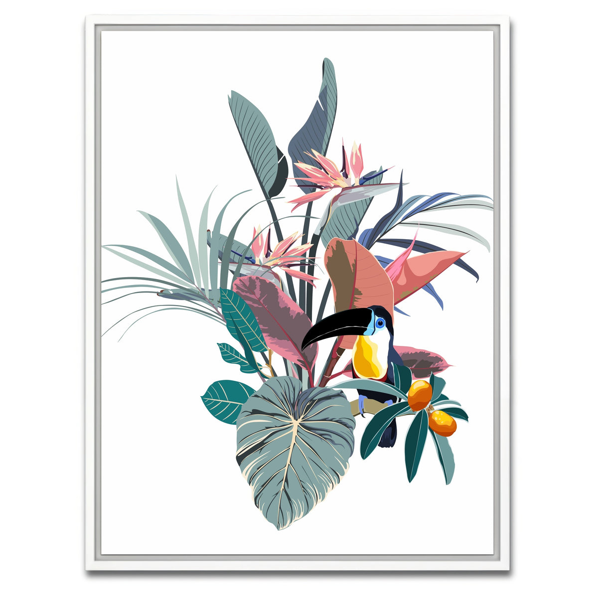 AUTO-MOCKUP WHITE | Exotic flowers & toucan | 1 Piece | White Framed Canvas | group=3x4