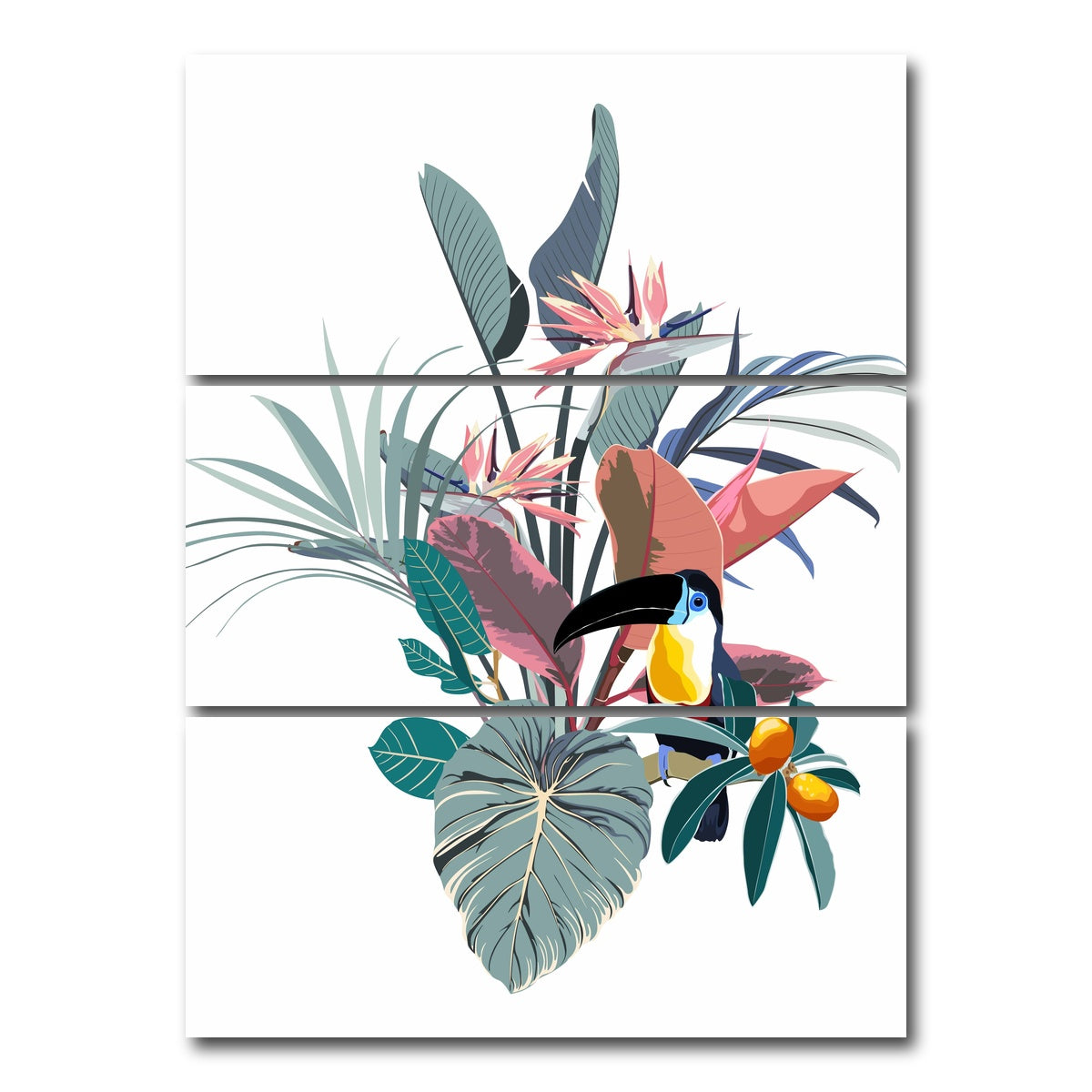 AUTO-MOCKUP WHITE | Exotic flowers & toucan | 3 Piece | Gallery Wrap Canvas | group=8x18_stacked