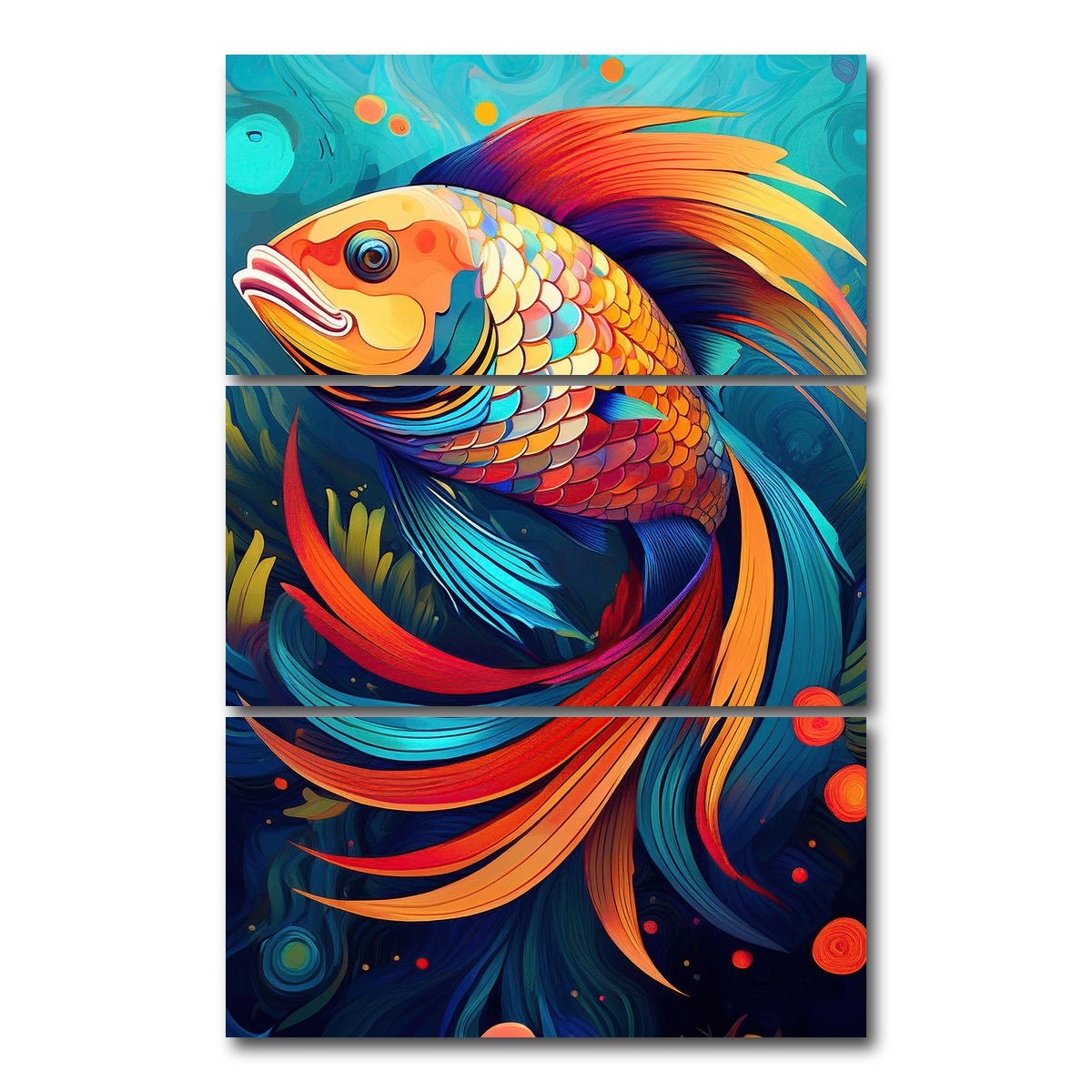 AUTO-MOCKUP WHITE | Fish Modern Art | 3 Piece | Gallery Wrap Canvas | group=12x24_stacked