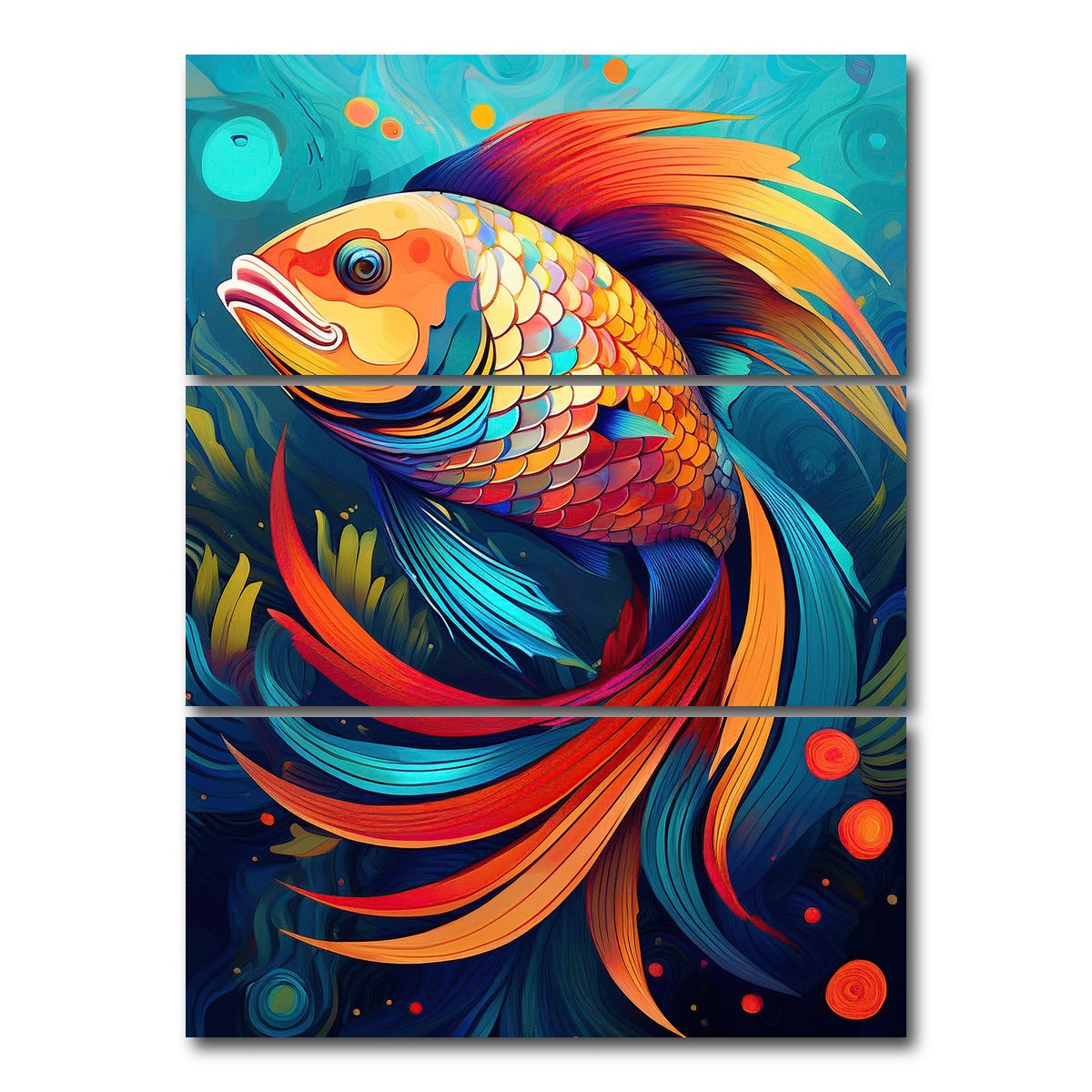 AUTO-MOCKUP WHITE | Fish Modern Art | 3 Piece | Gallery Wrap Canvas | group=8x18_stacked