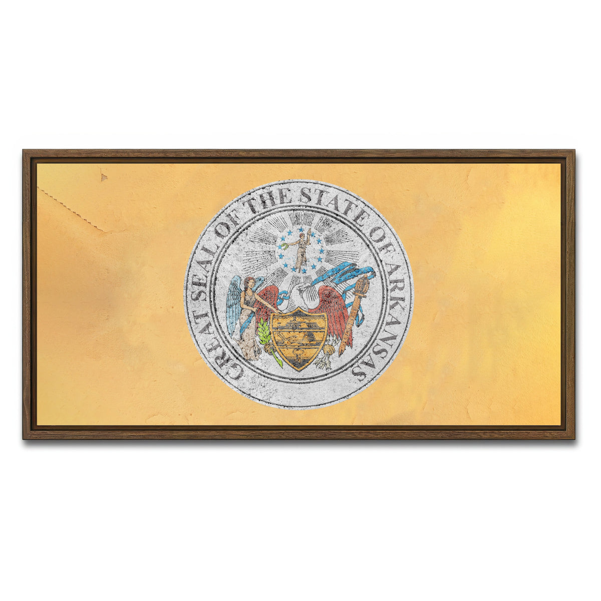 AUTO-MOCKUP WHITE | Flag of US state Arkansas seal | 1 Piece | Walnut Framed Canvas | group=2x1