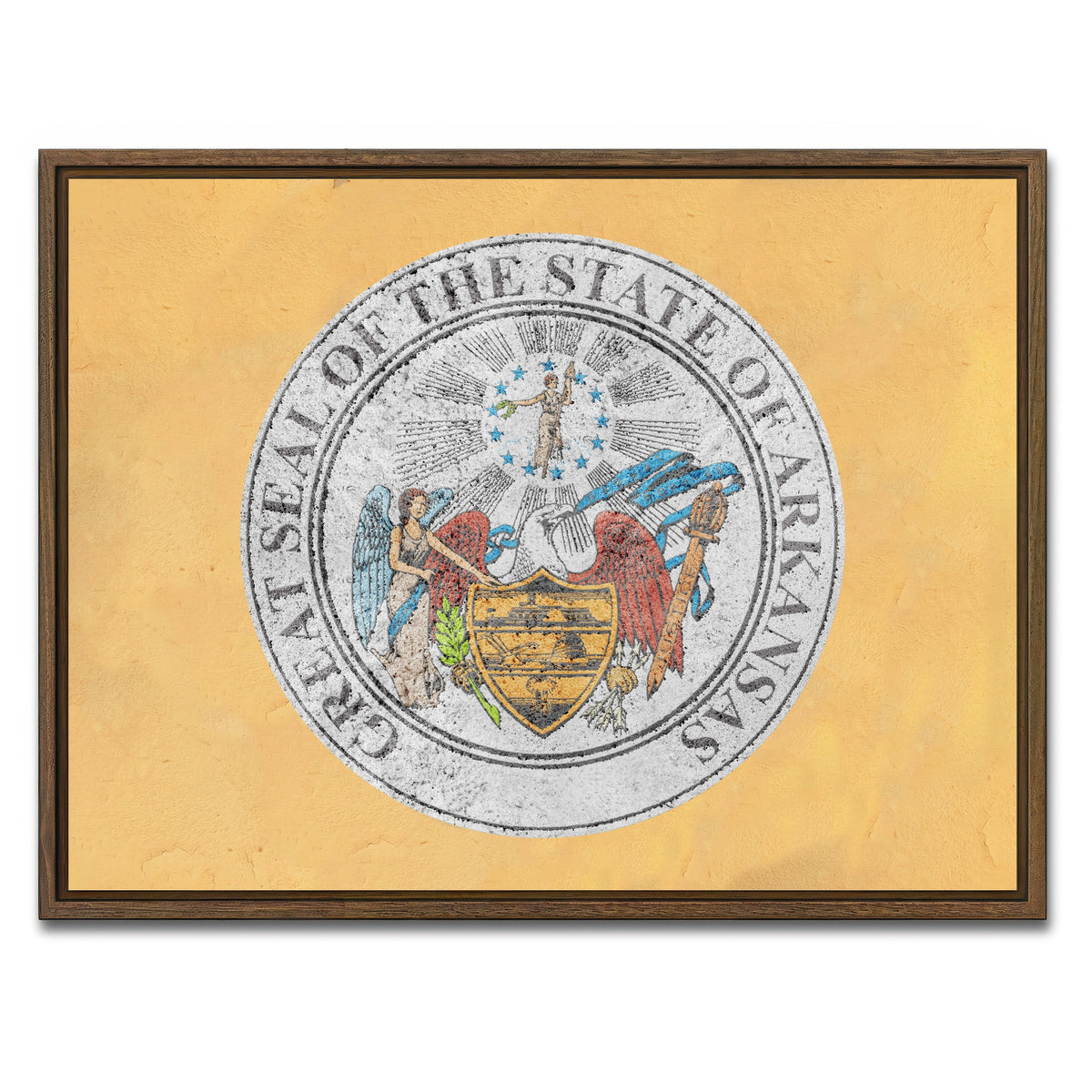 AUTO-MOCKUP WHITE | Flag of US state Arkansas seal | 1 Piece | Walnut Framed Canvas | group=4x3