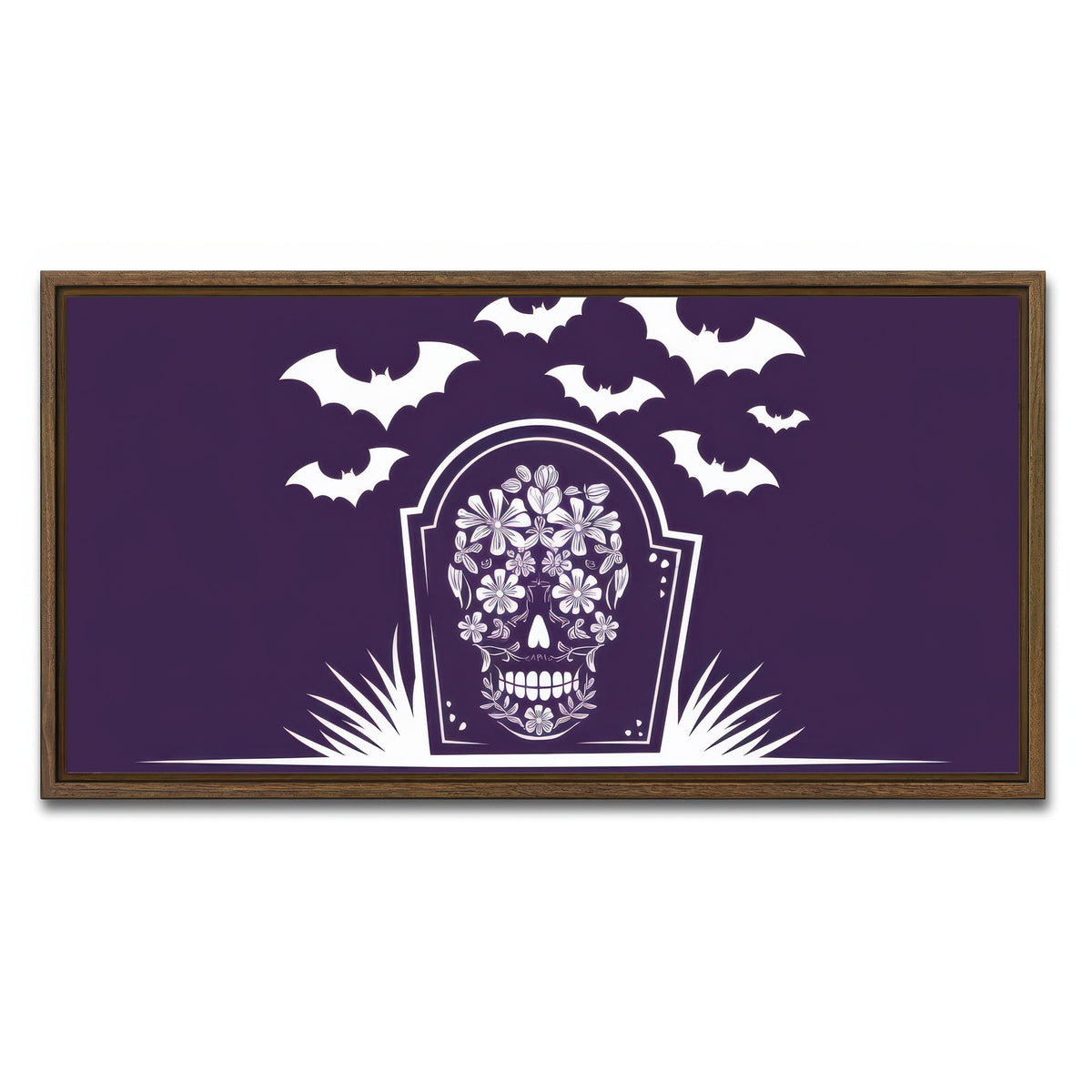 AUTO-MOCKUP WHITE | Floral Skull Gravestone | 1 Piece | Walnut Framed Canvas | group=2x1