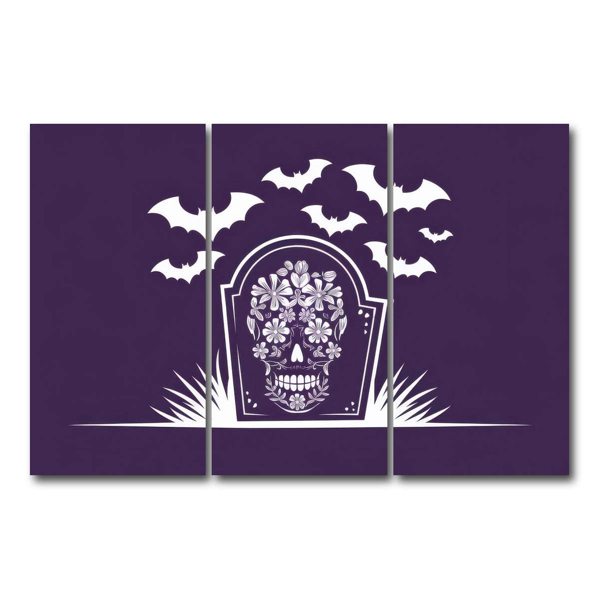 AUTO-MOCKUP WHITE | Floral Skull Gravestone | 3 Piece | Gallery Wrap Canvas | group=12x24