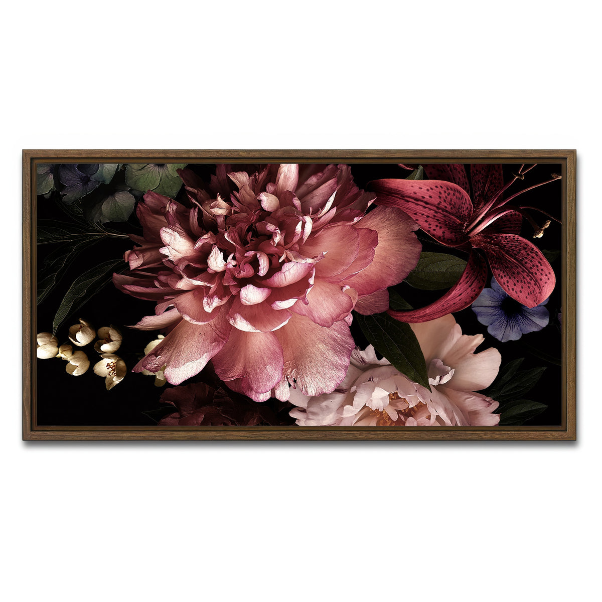 AUTO-MOCKUP WHITE | Floral on Black | 1 Piece | Walnut Framed Canvas | group=2x1