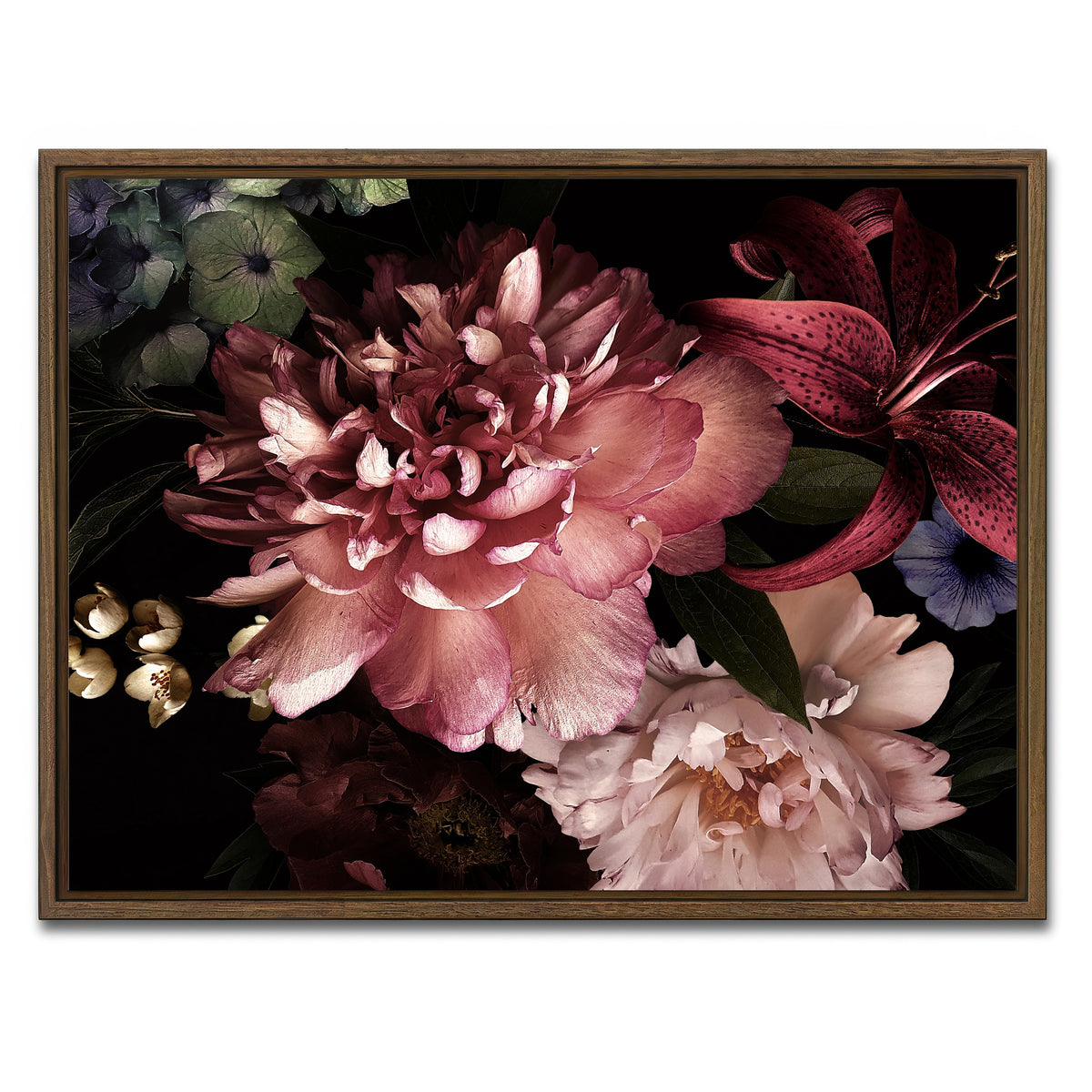 AUTO-MOCKUP WHITE | Floral on Black | 1 Piece | Walnut Framed Canvas | group=4x3