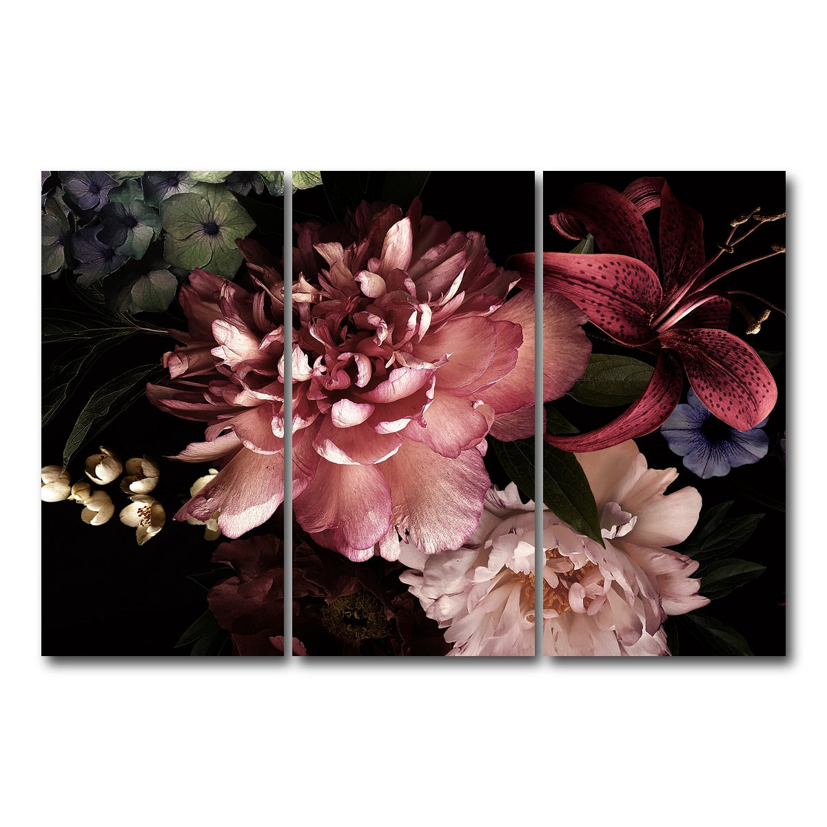 AUTO-MOCKUP WHITE | Floral on Black | 3 Piece | Gallery Wrap Canvas | group=12x24