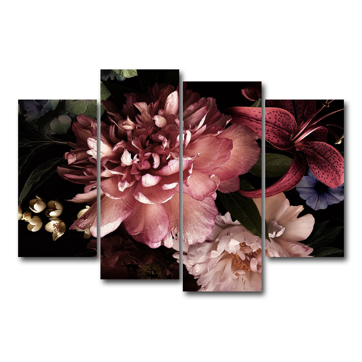 AUTO-MOCKUP WHITE | Floral on Black | 4 Piece | Gallery Wrap Canvas | group=4_short
