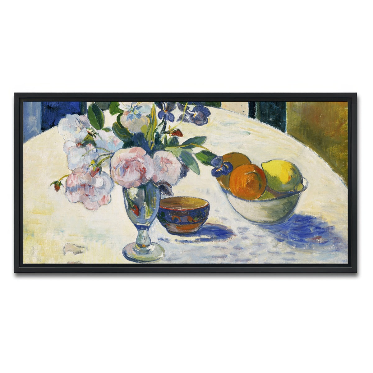 AUTO-MOCKUP WHITE | Flowers and a Bowl of Fruit on a Table | 1 Piece | Black Framed Canvas | group=2x1
