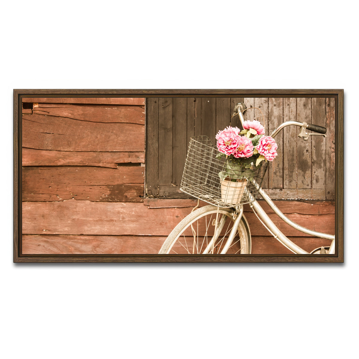 AUTO-MOCKUP WHITE | Flowers in a Bicycle Basket | 1 Piece | Walnut Framed Canvas | group=2x1