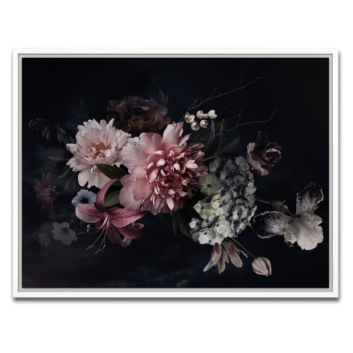 AUTO-MOCKUP WHITE | Flowers on Black | 1 Piece | White Framed Canvas | group=4x3