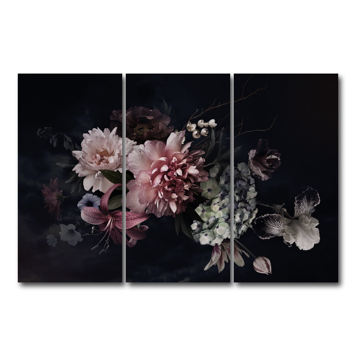 AUTO-MOCKUP WHITE | Flowers on Black | 3 Piece | Gallery Wrap Canvas | group=12x24
