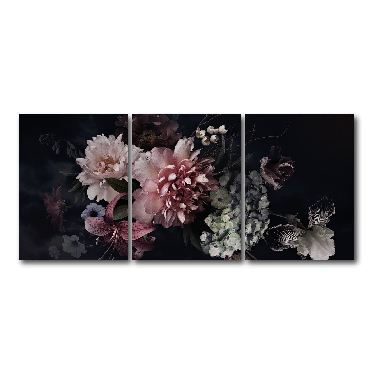 AUTO-MOCKUP WHITE | Flowers on Black | 3 Piece | Gallery Wrap Canvas | group=18x24