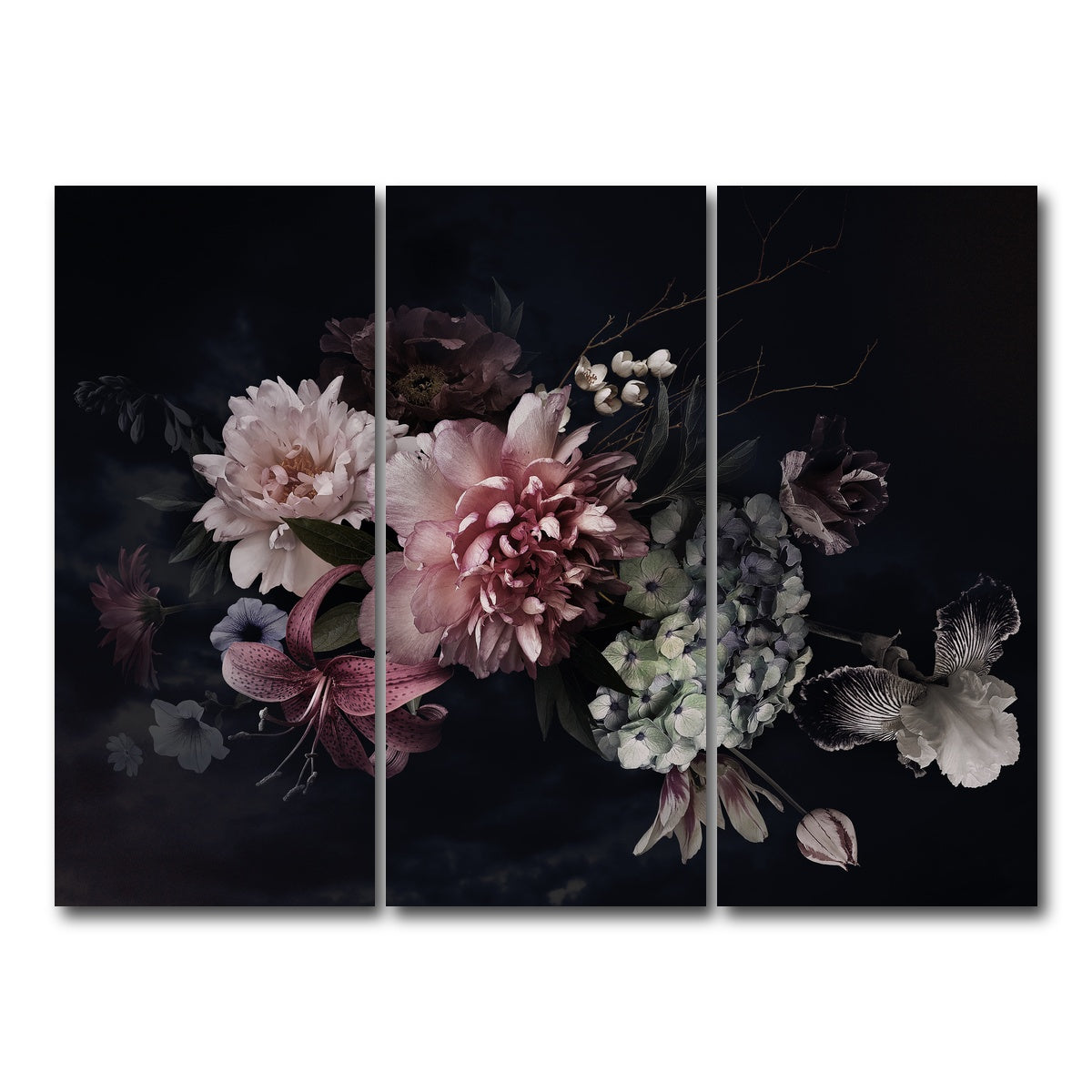 AUTO-MOCKUP WHITE | Flowers on Black | 3 Piece | Gallery Wrap Canvas | group=8x18