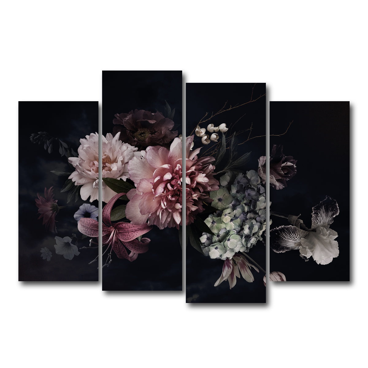 AUTO-MOCKUP WHITE | Flowers on Black | 4 Piece | Gallery Wrap Canvas | group=4_normal