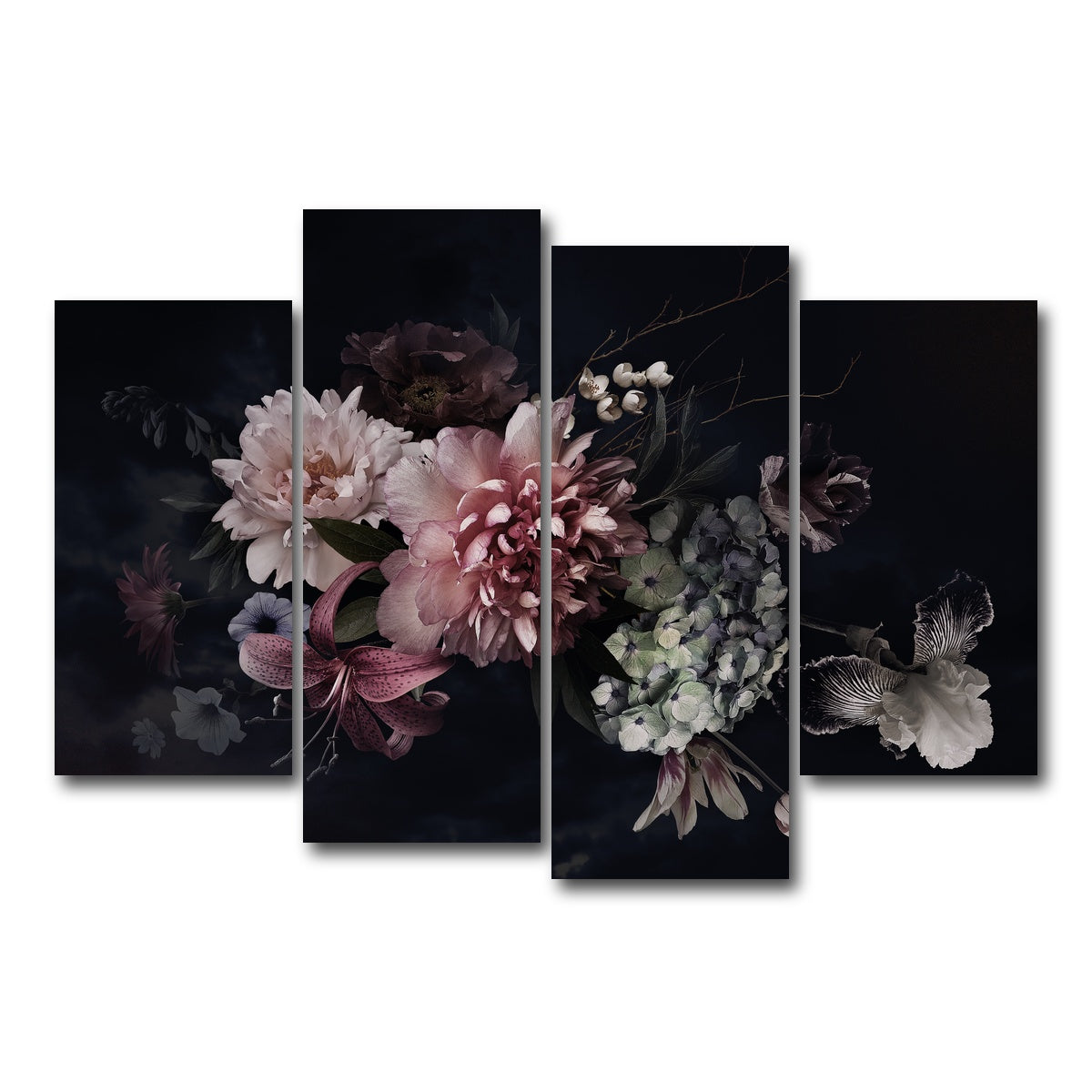 AUTO-MOCKUP WHITE | Flowers on Black | 4 Piece | Gallery Wrap Canvas | group=4_short