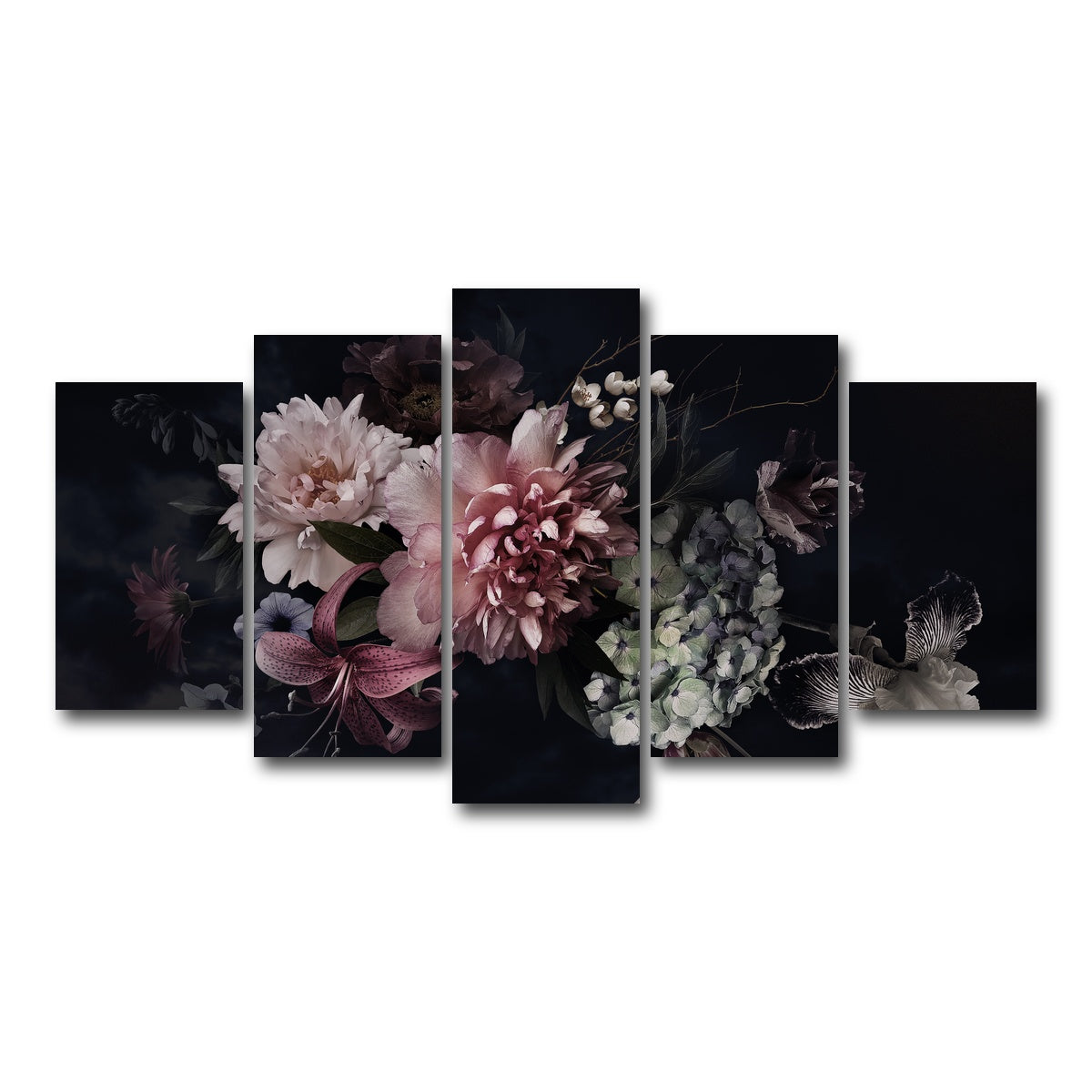 AUTO-MOCKUP WHITE | Flowers on Black | 5 Piece | Gallery Wrap Canvas | group=5_normal