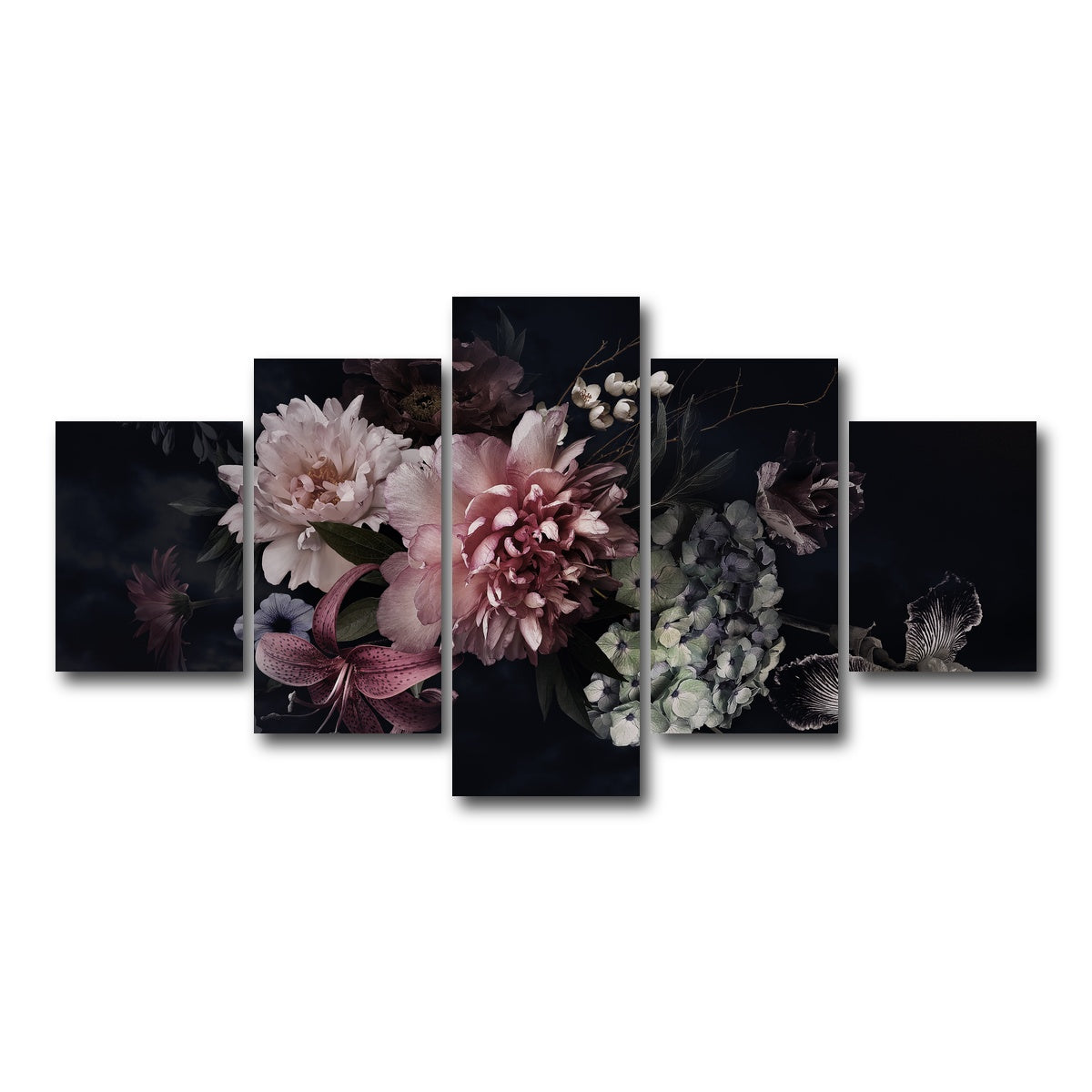 AUTO-MOCKUP WHITE | Flowers on Black | 5 Piece | Gallery Wrap Canvas | group=5_short