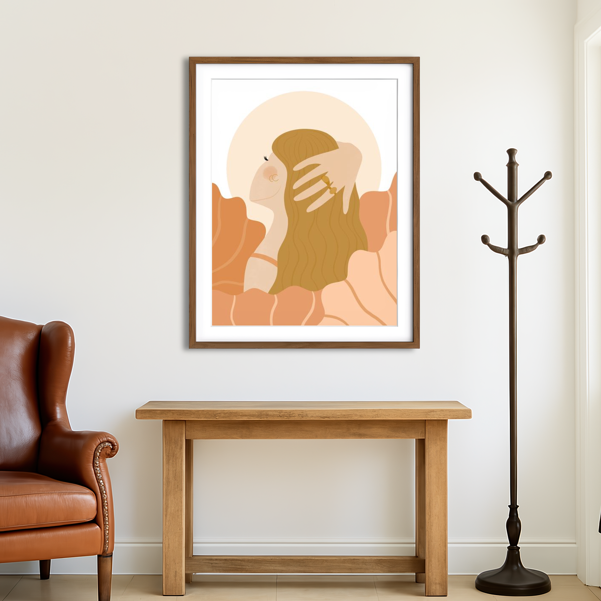 AUTO-MOCKUP ROOM | Girl Dreaming In Soft Peach Colors Wall Art