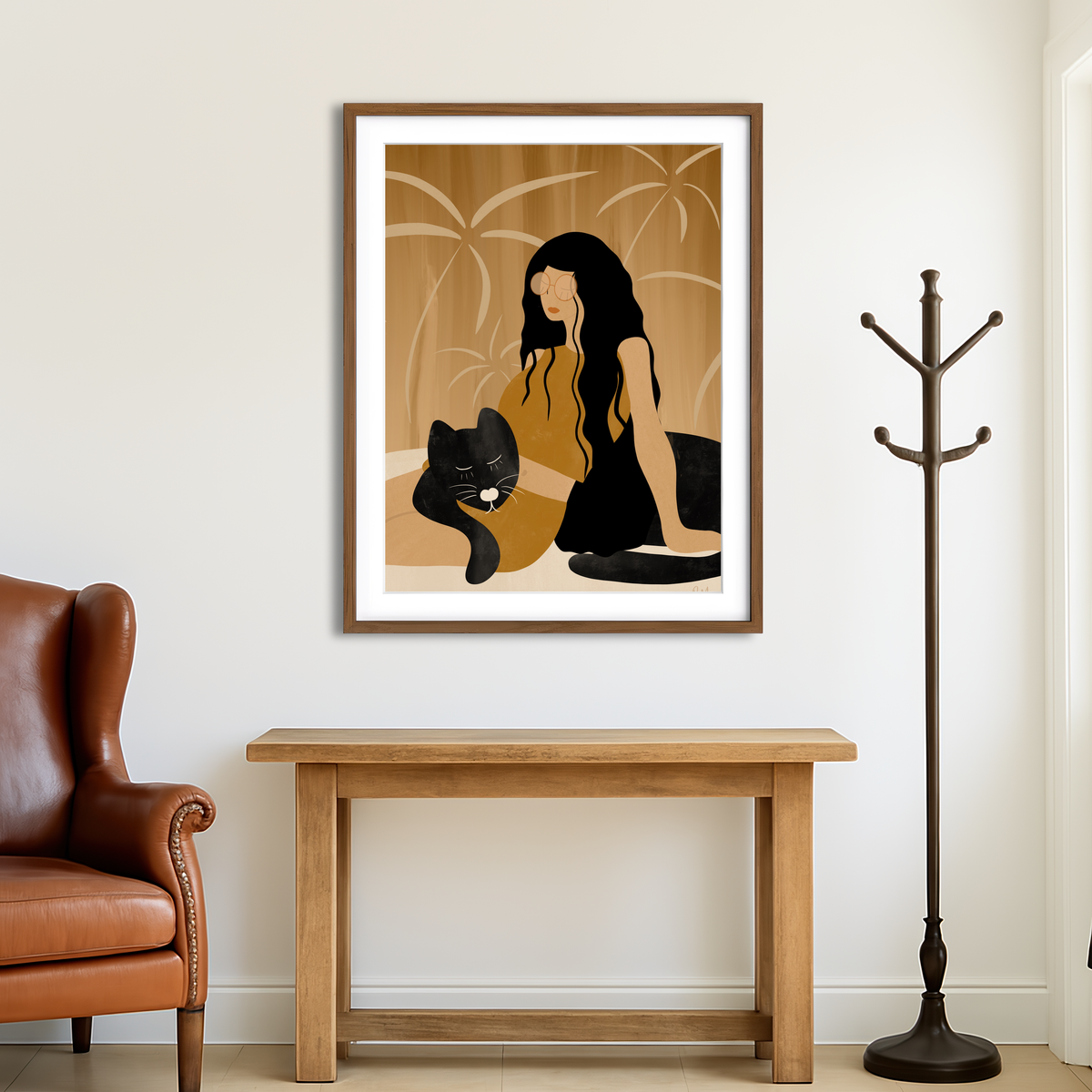 AUTO-MOCKUP ROOM | Girl and Wild Black Cat Wall Art
