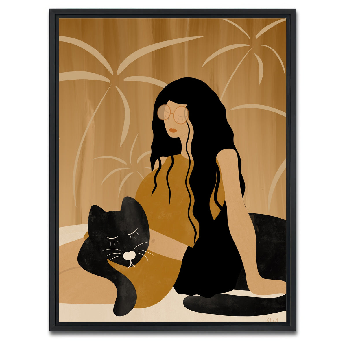 AUTO-MOCKUP WHITE | Girl and Wild Black Cat | 1 Piece | Black Framed Canvas | group=3x4