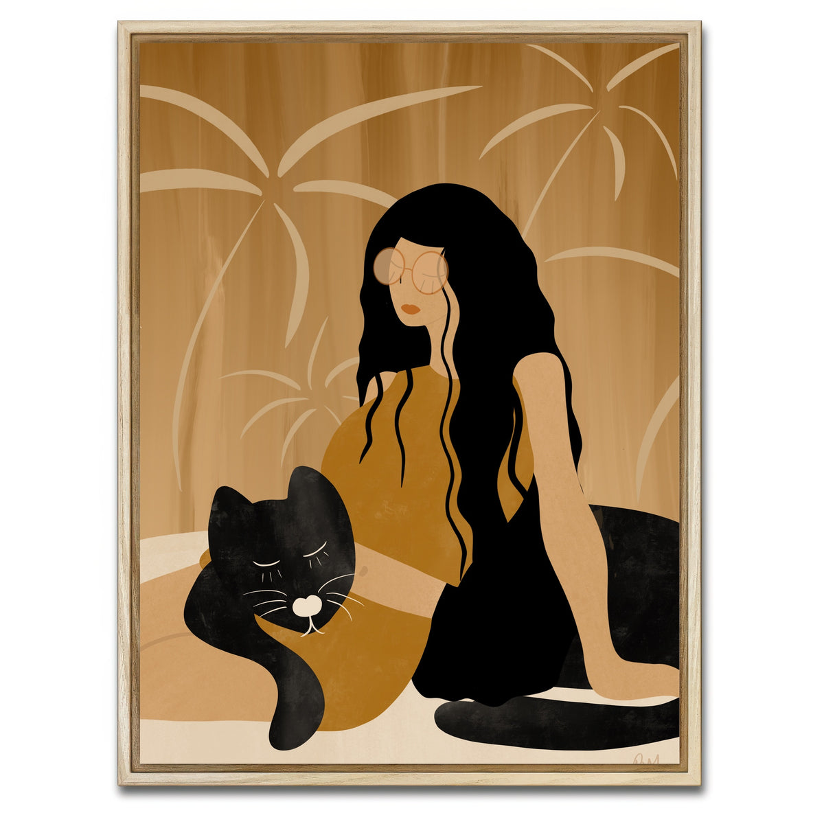 AUTO-MOCKUP WHITE | Girl and Wild Black Cat | 1 Piece | Natural Framed Canvas | group=3x4