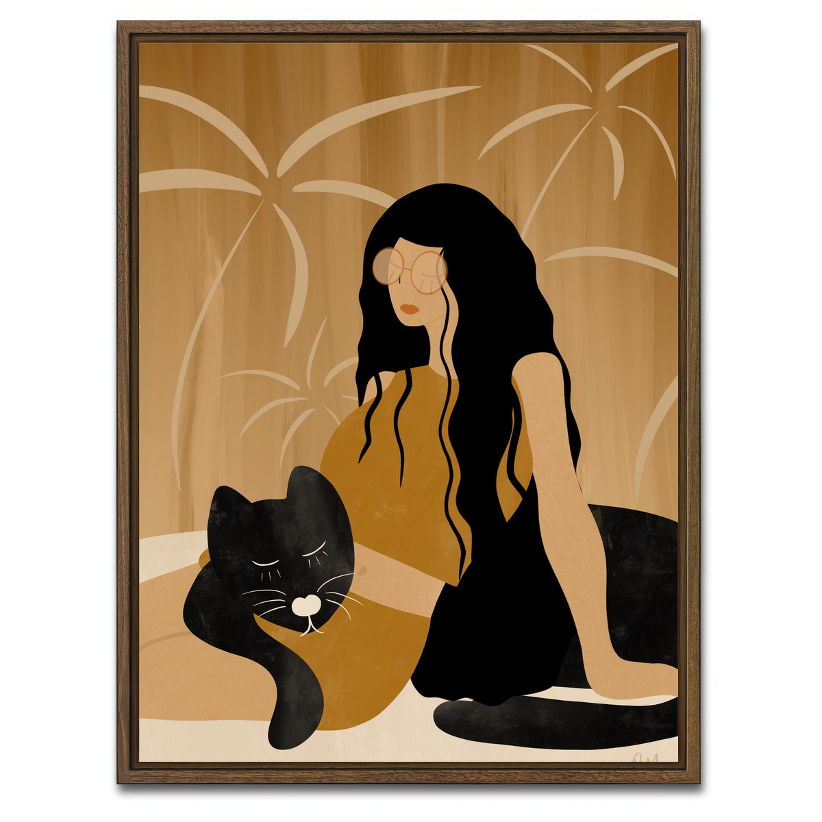 AUTO-MOCKUP WHITE | Girl and Wild Black Cat | 1 Piece | Walnut Framed Canvas | group=3x4