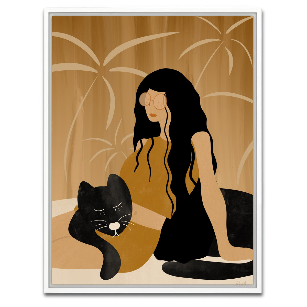 AUTO-MOCKUP WHITE | Girl and Wild Black Cat | 1 Piece | White Framed Canvas | group=3x4