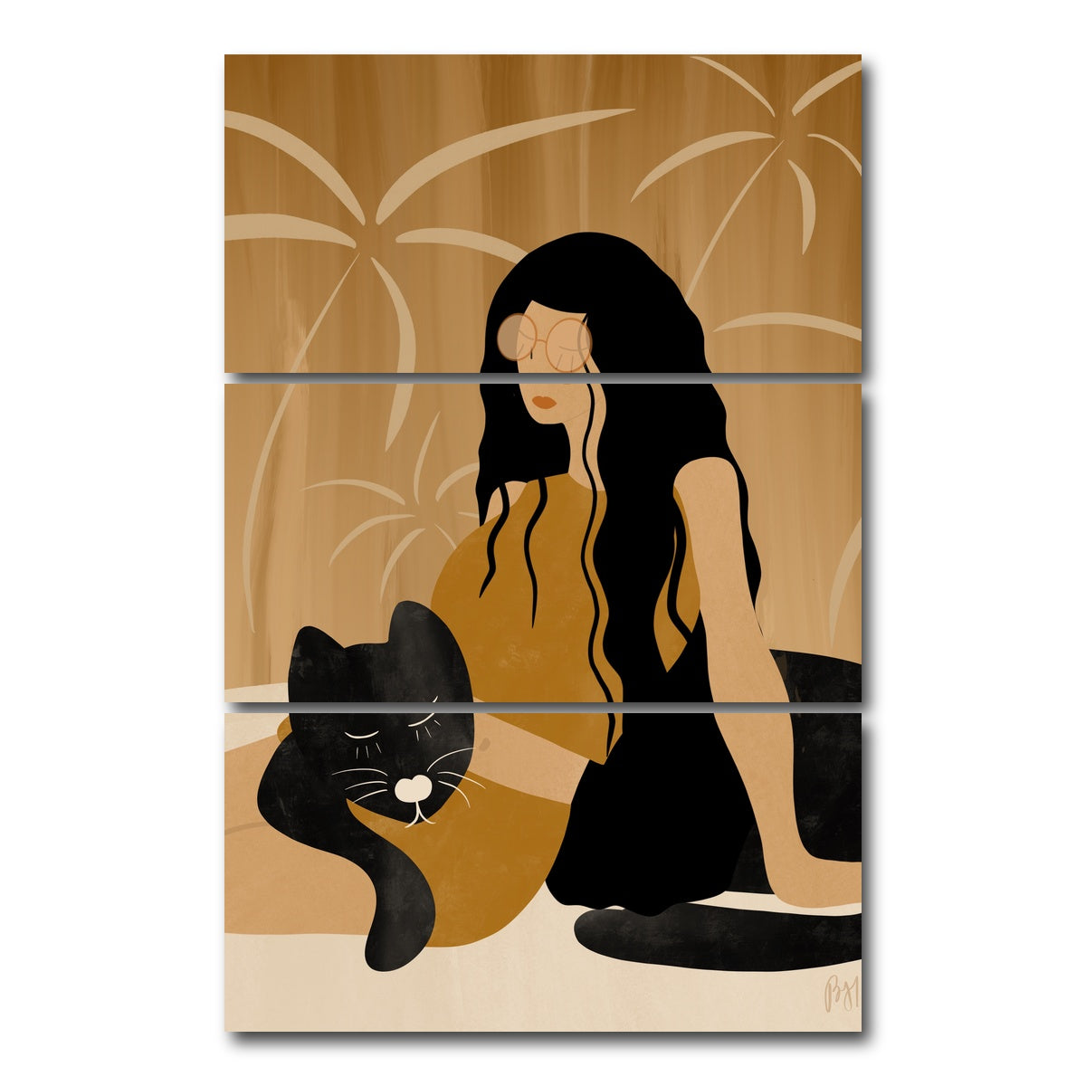 AUTO-MOCKUP WHITE | Girl and Wild Black Cat | 3 Piece | Gallery Wrap Canvas | group=12x24_stacked