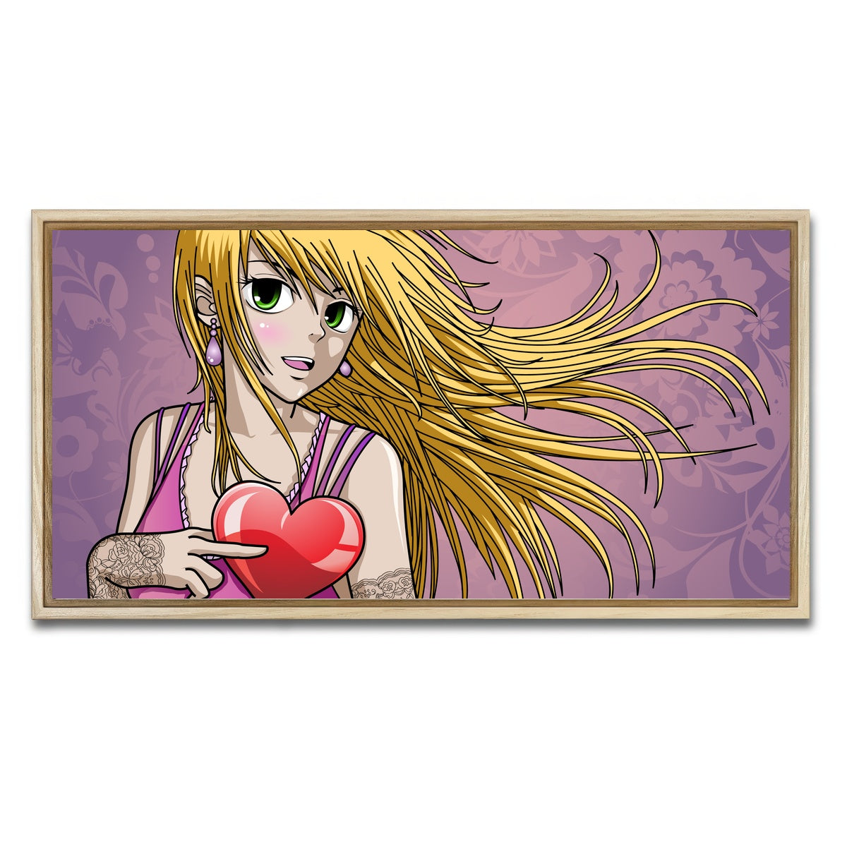 AUTO-MOCKUP WHITE | Girl holding heart | 1 Piece | Natural Framed Canvas | group=2x1
