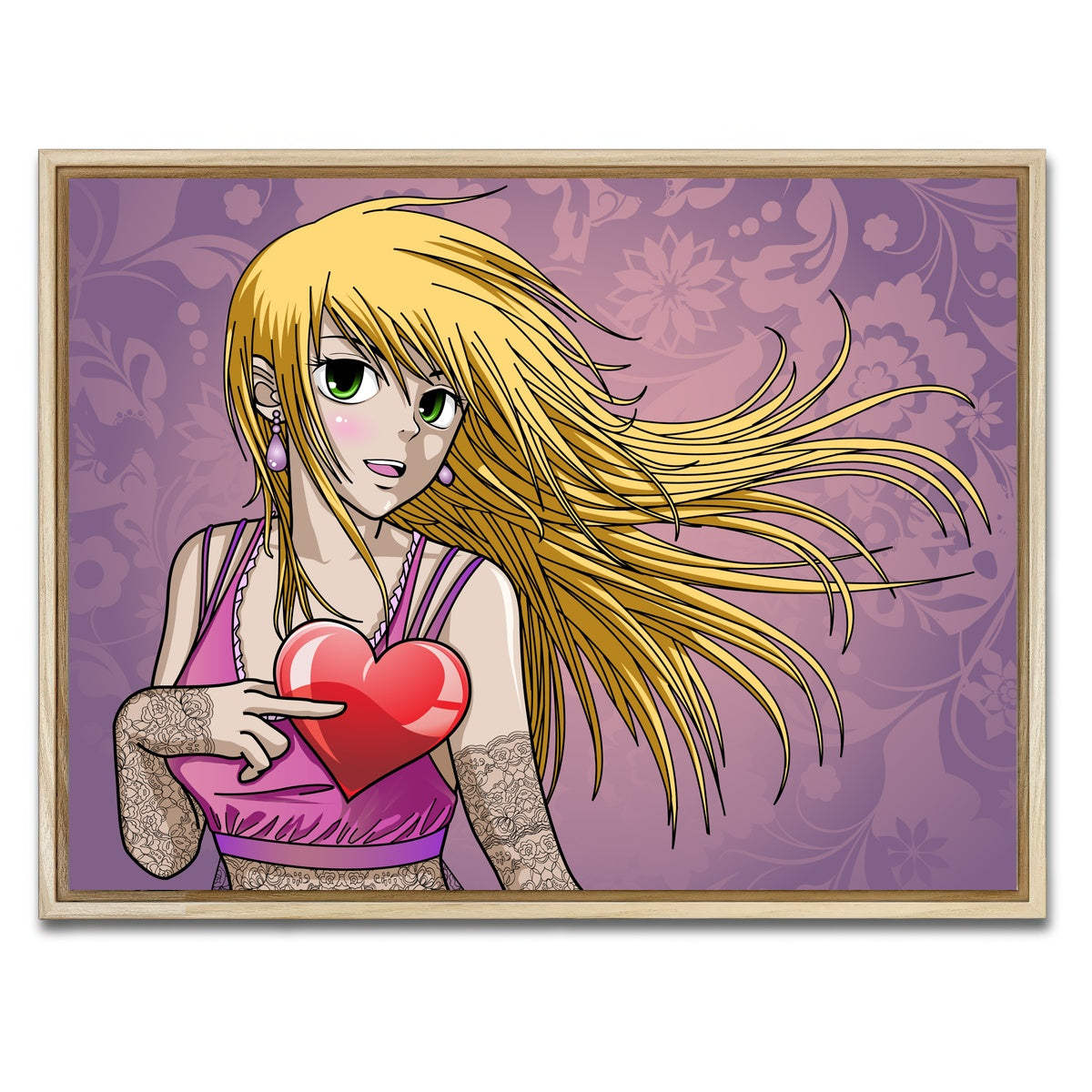 AUTO-MOCKUP WHITE | Girl holding heart | 1 Piece | Natural Framed Canvas | group=4x3