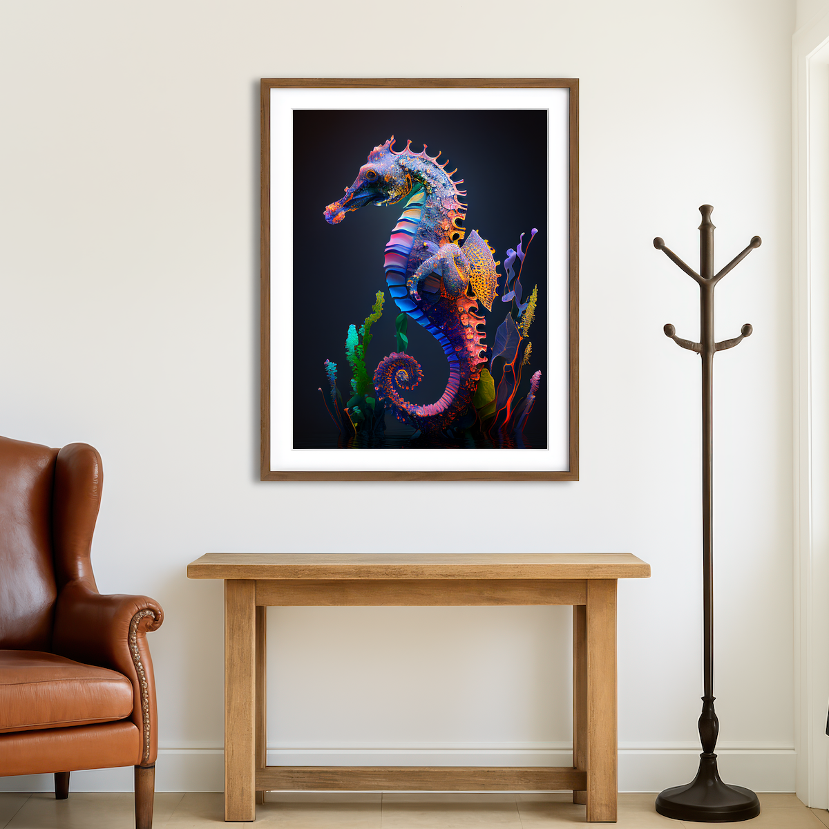 AUTO-MOCKUP ROOM | Glowing Seahorse Wall Art