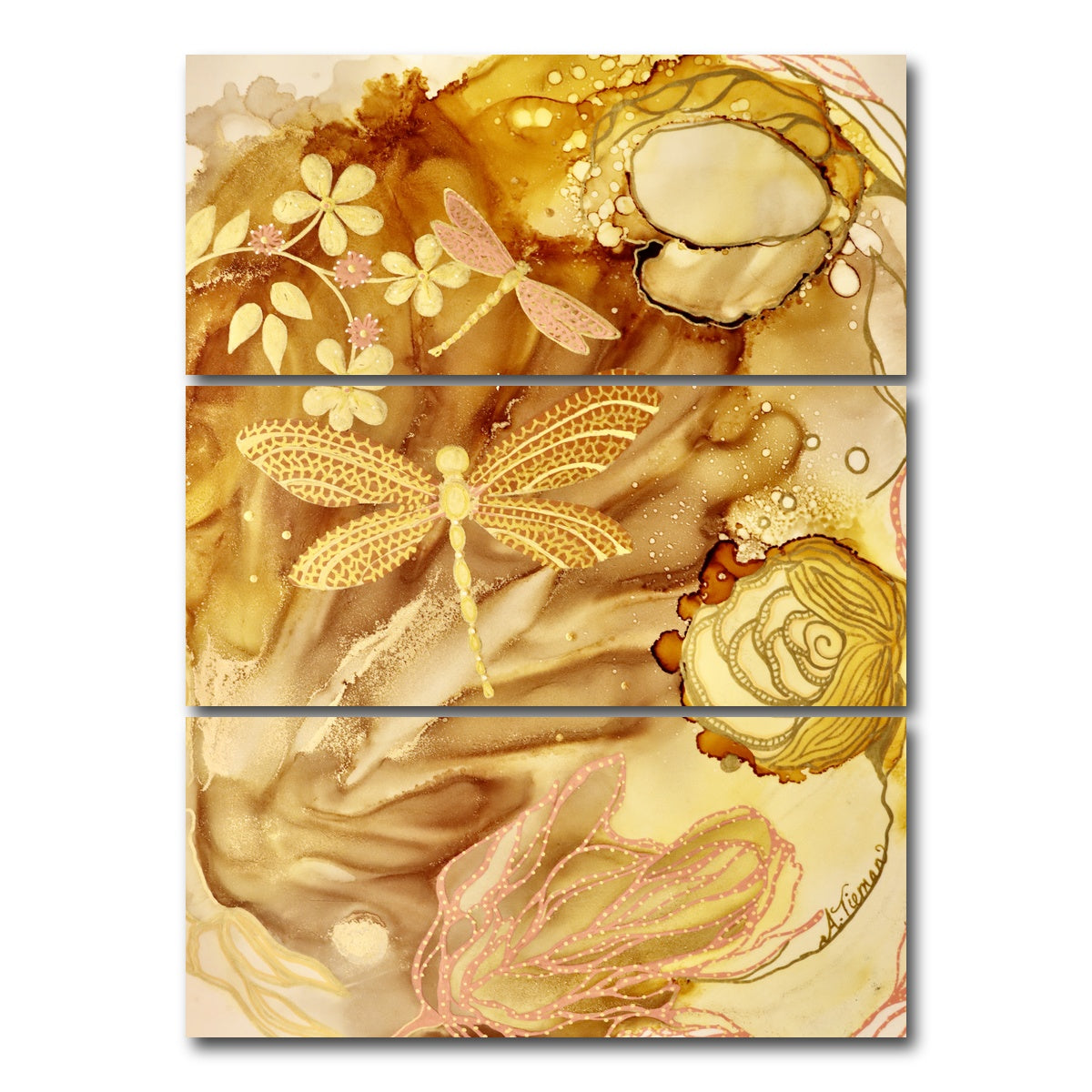 AUTO-MOCKUP WHITE | Golden Dragonflies | 3 Piece | Gallery Wrap Canvas | group=8x18_stacked