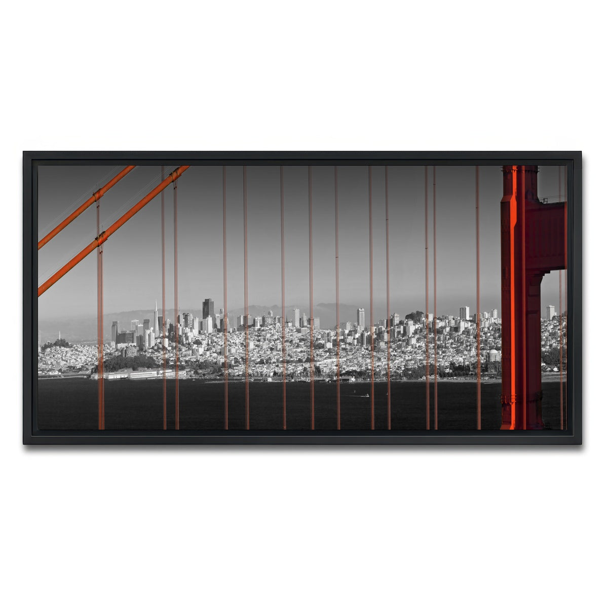 AUTO-MOCKUP WHITE | Golden Gate Bridge - Panoramic Downtown View | 1 Piece | Black Framed Canvas | group=2x1