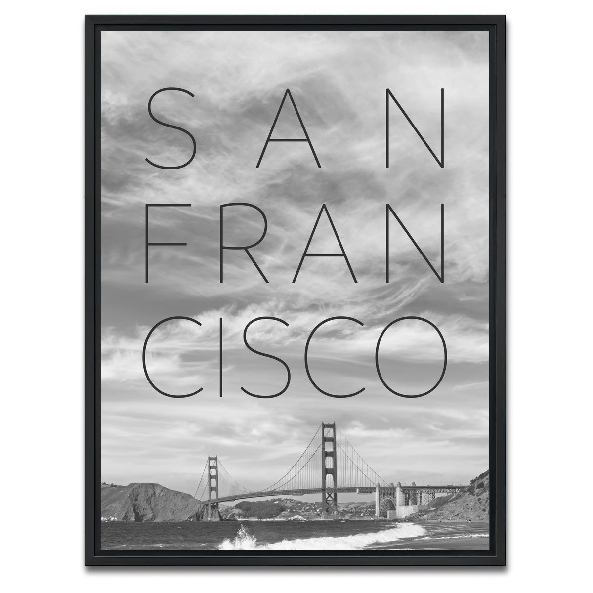 AUTO-MOCKUP WHITE | Golden Gate Bridge & Baker Beach Text | 1 Piece | Black Framed Canvas | group=3x4