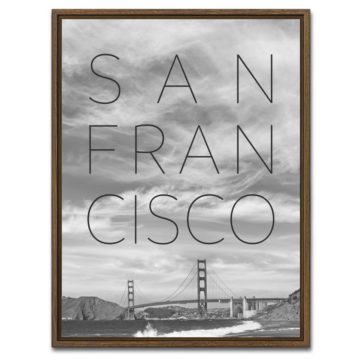 AUTO-MOCKUP WHITE | Golden Gate Bridge & Baker Beach Text | 1 Piece | Walnut Framed Canvas | group=3x4