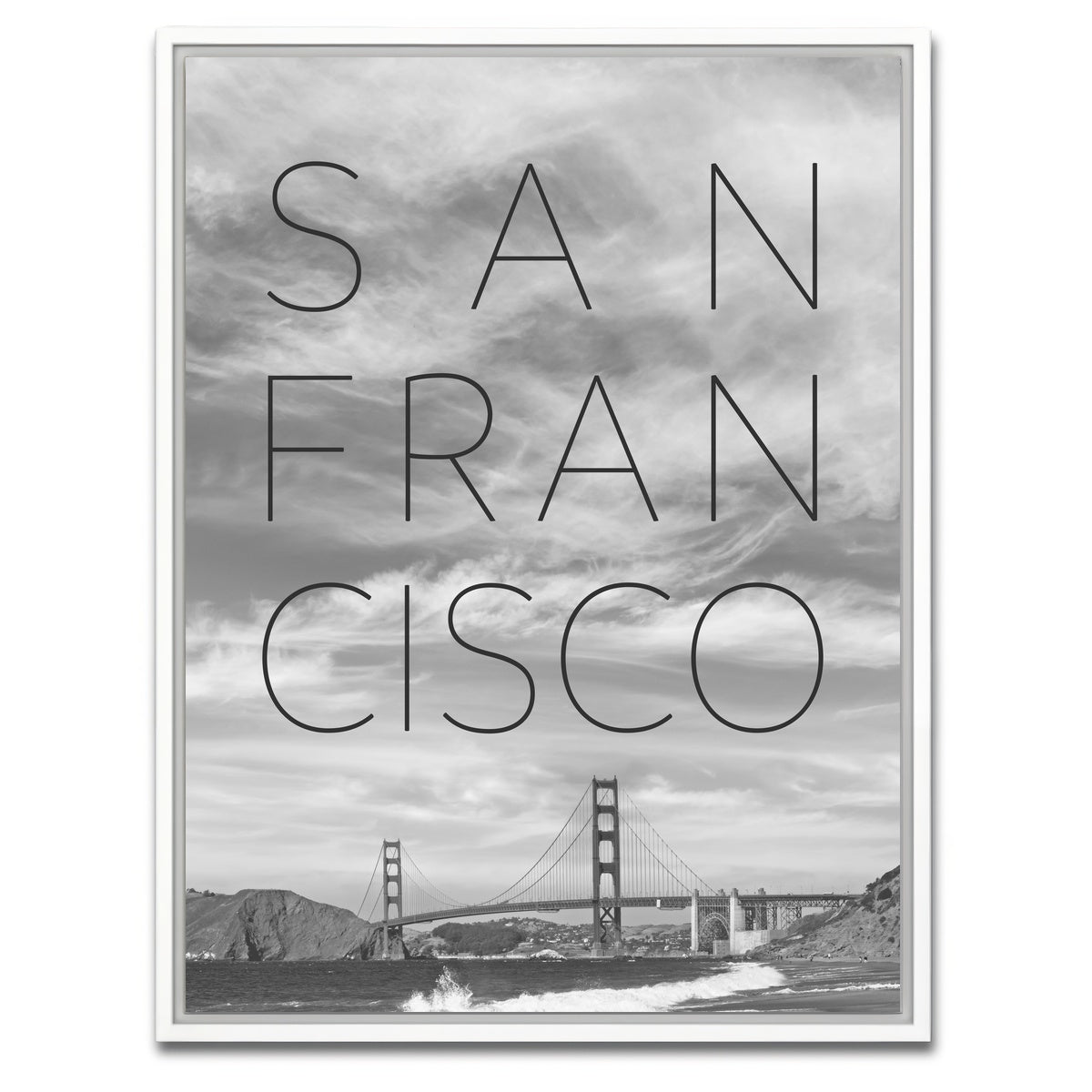 AUTO-MOCKUP WHITE | Golden Gate Bridge & Baker Beach Text | 1 Piece | White Framed Canvas | group=3x4