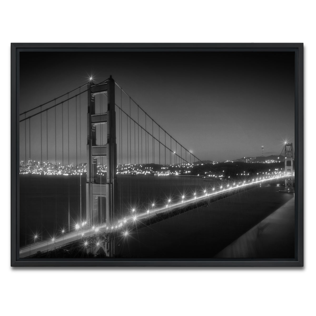 AUTO-MOCKUP WHITE | Golden Gate Bridge Monochrome Cityscape | 1 Piece | Black Framed Canvas | group=4x3