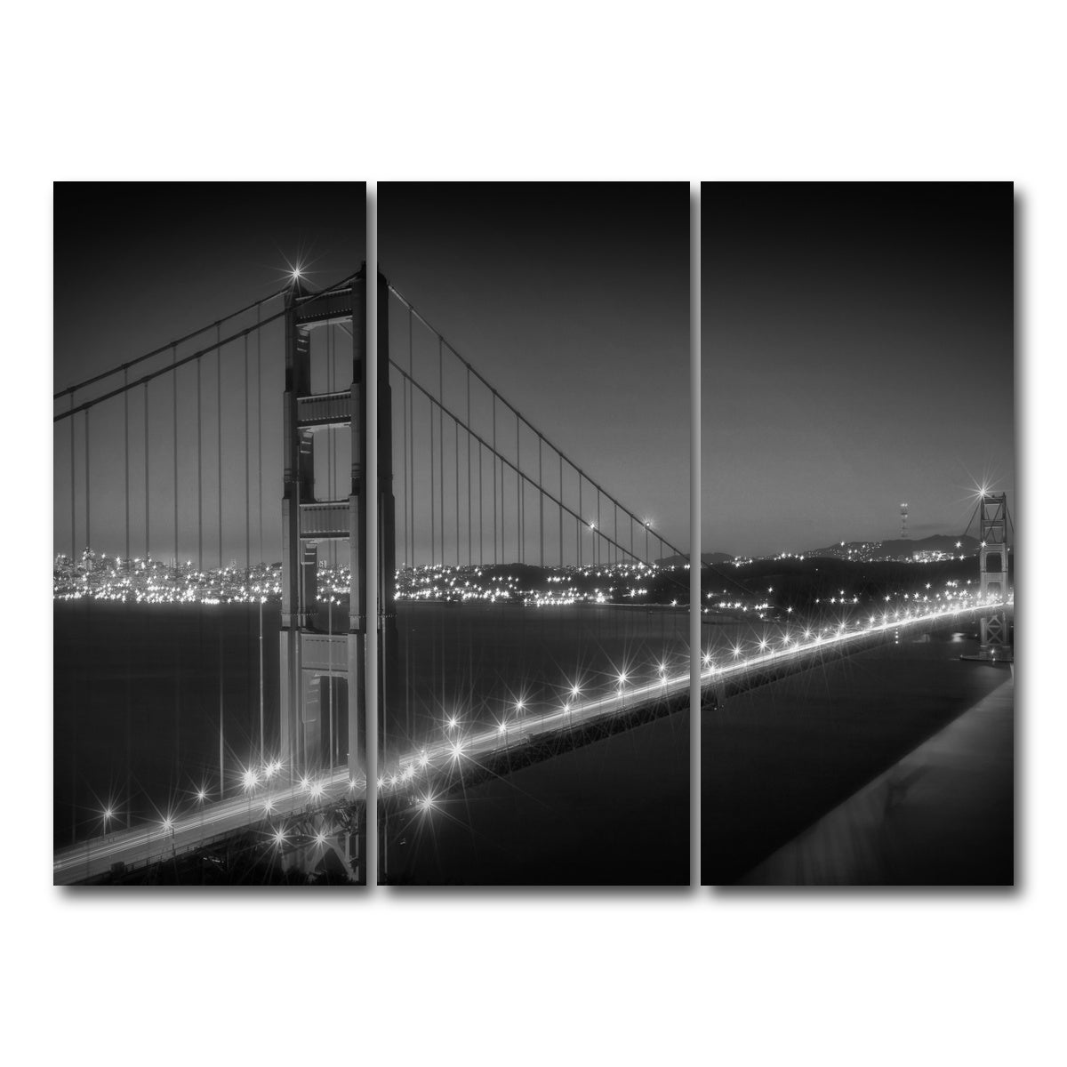 AUTO-MOCKUP WHITE | Golden Gate Bridge Monochrome Cityscape | 3 Piece | Gallery Wrap Canvas | group=8x18