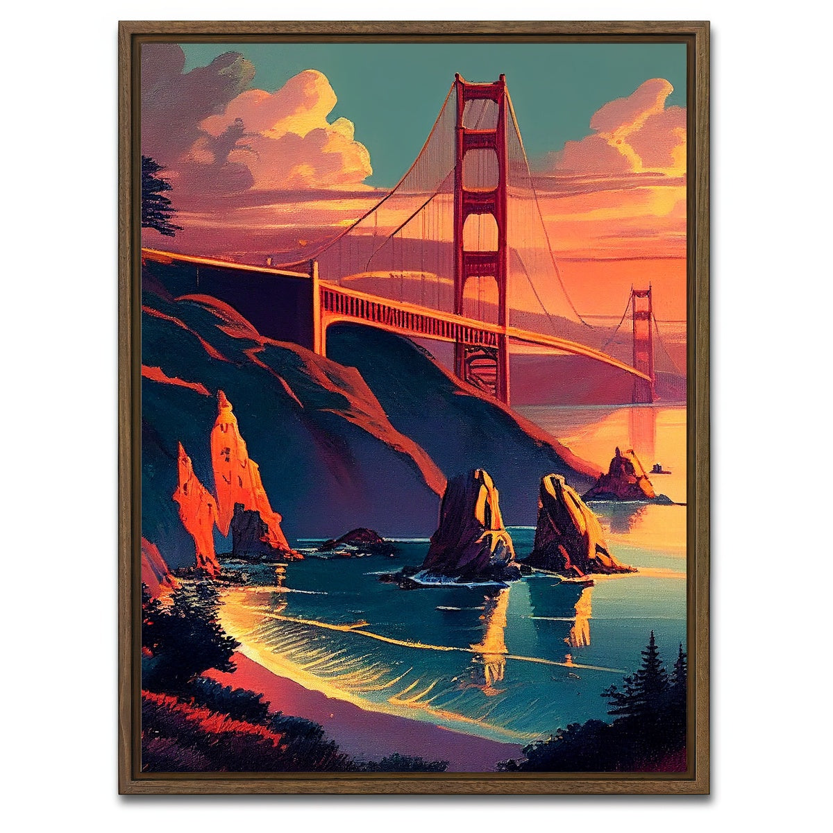 AUTO-MOCKUP WHITE | Golden Gate Bridge at Sunset | 1 Piece | Walnut Framed Canvas | group=3x4