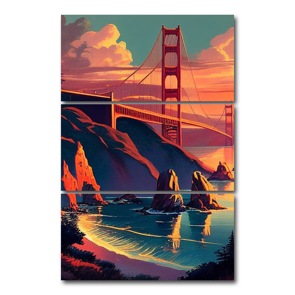 AUTO-MOCKUP WHITE | Golden Gate Bridge at Sunset | 3 Piece | Gallery Wrap Canvas | group=12x24_stacked