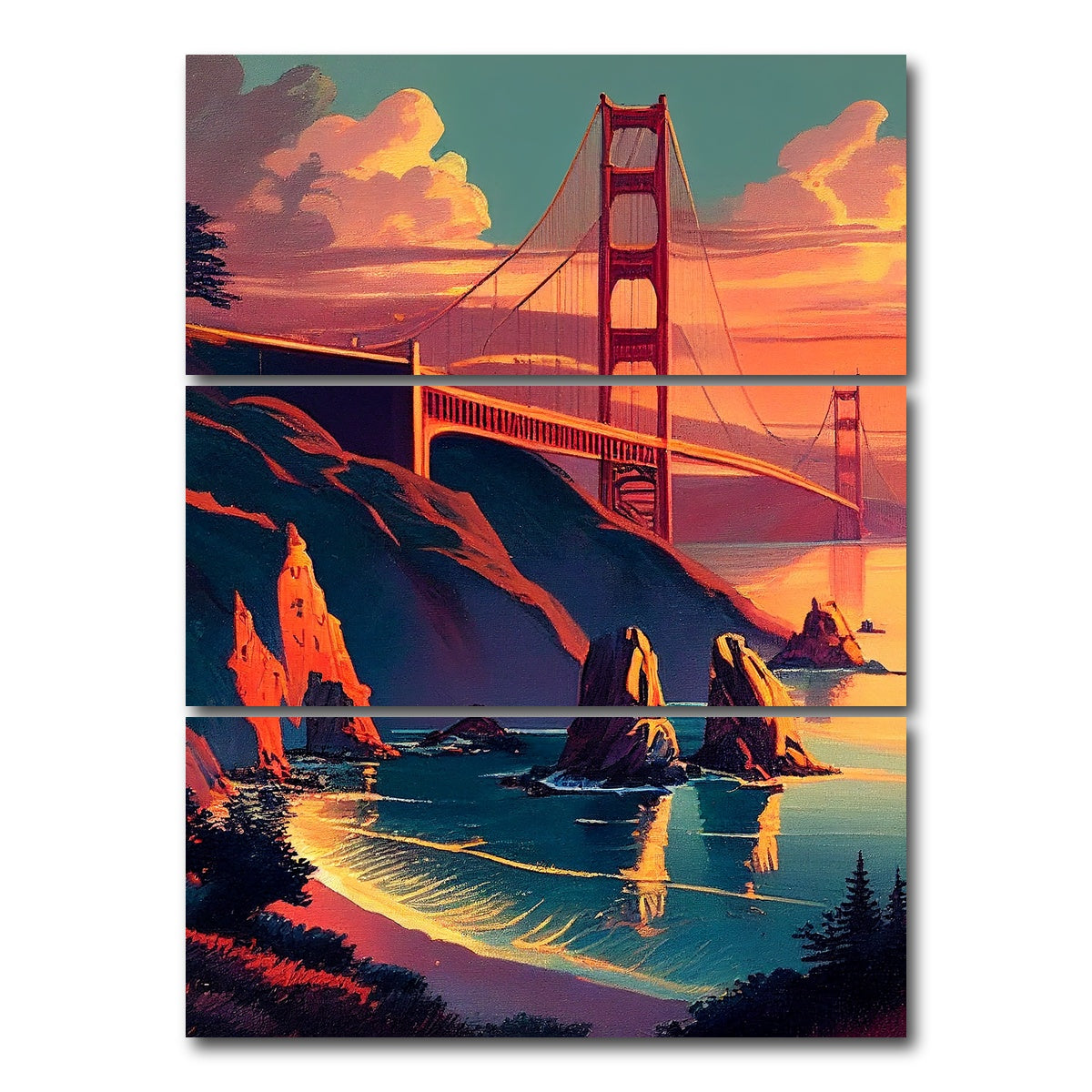 AUTO-MOCKUP WHITE | Golden Gate Bridge at Sunset | 3 Piece | Gallery Wrap Canvas | group=8x18_stacked