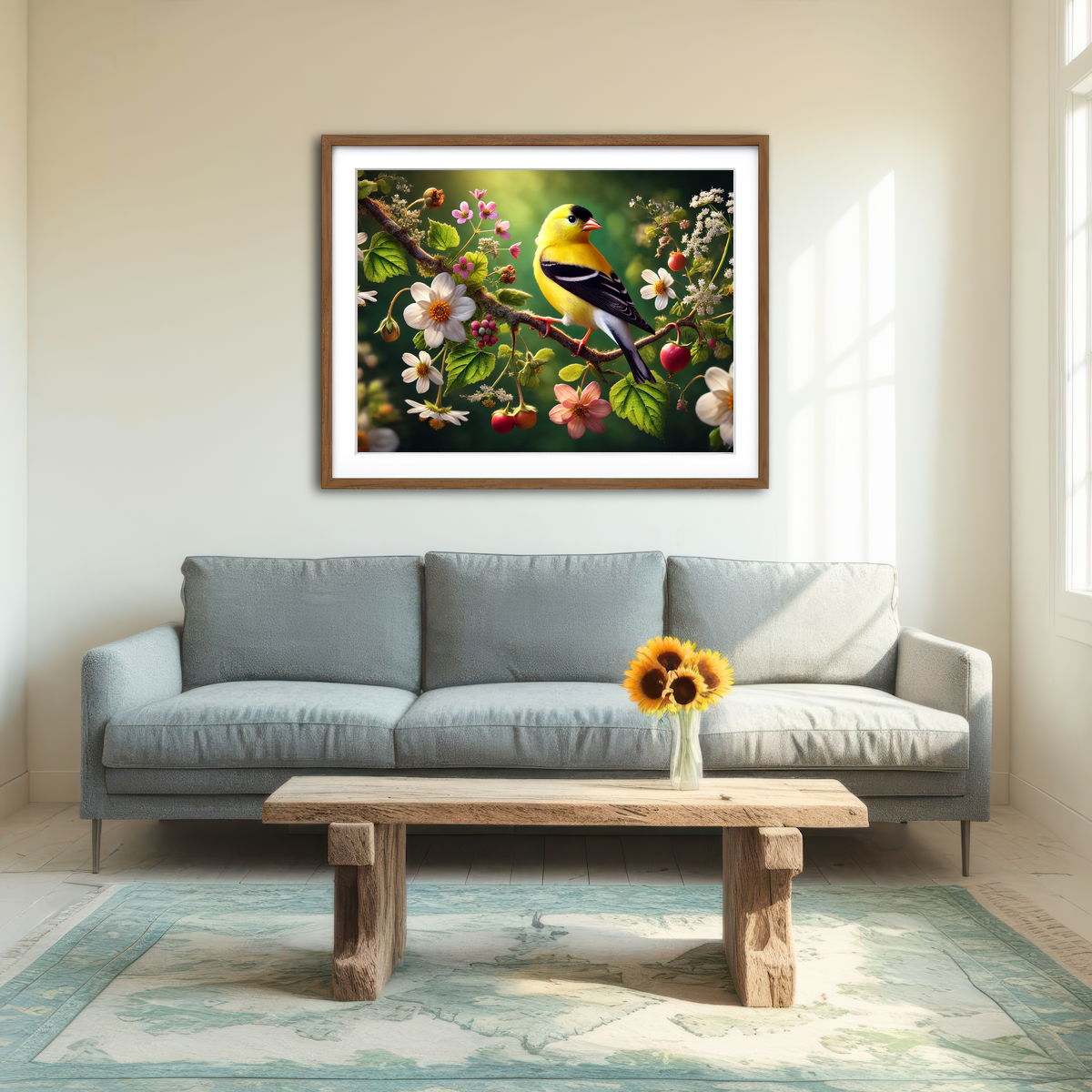 AUTO-MOCKUP ROOM | Goldfinch on Flower Branch Wall Art