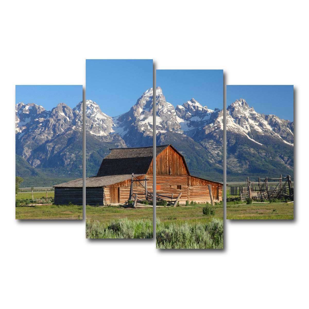AUTO-MOCKUP WHITE | Grand Tetons and old barn | 4 Piece | Gallery Wrap Canvas | group=4_short