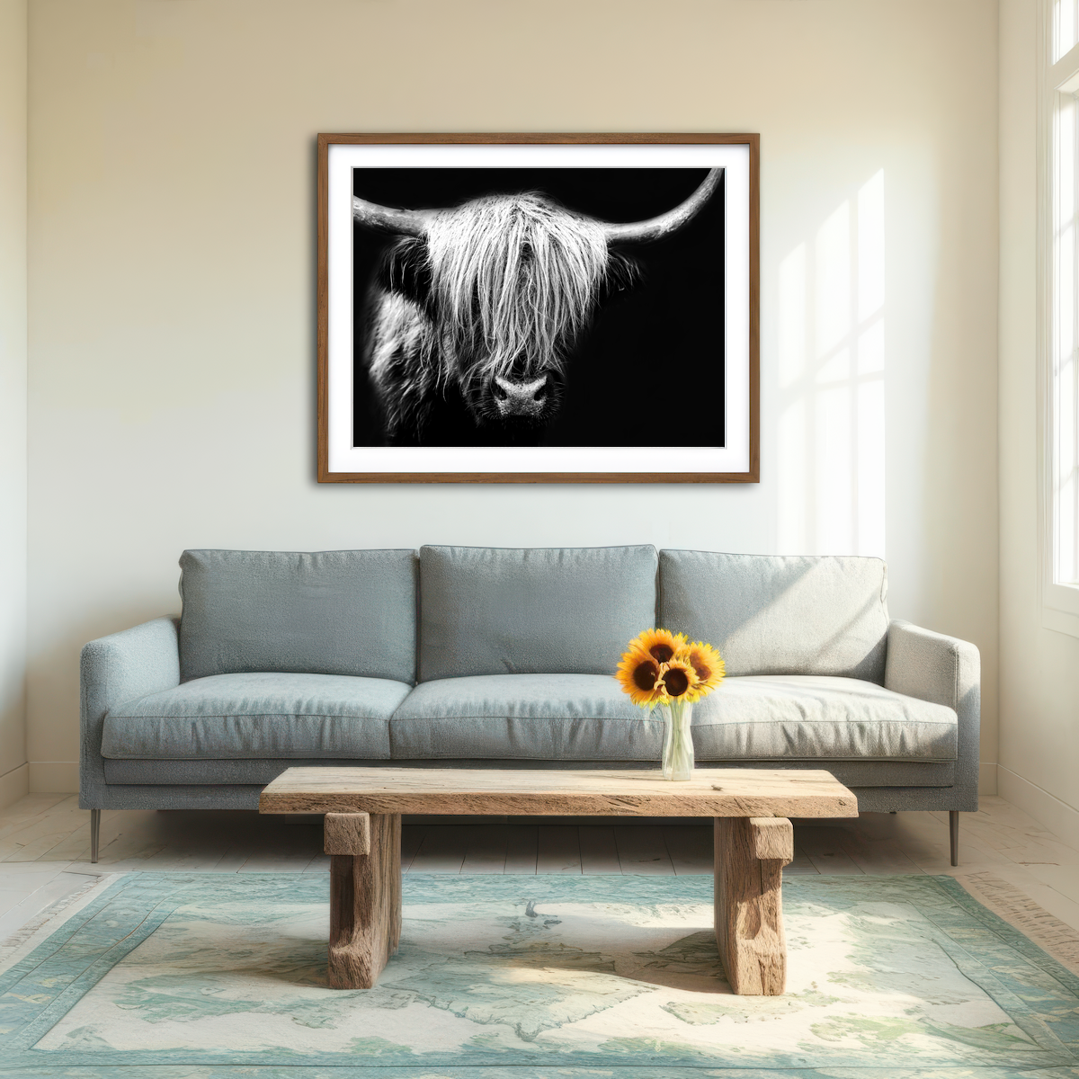 AUTO-MOCKUP ROOM | Grayscale Highland Cow Wall Art