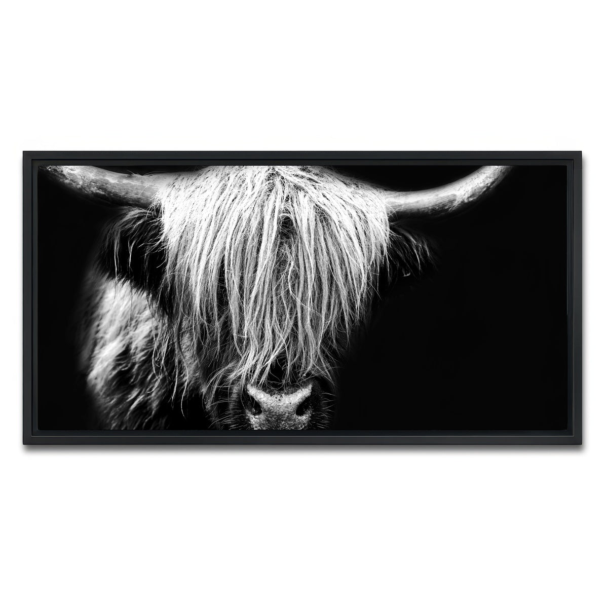 AUTO-MOCKUP WHITE | Grayscale Highland Cow | 1 Piece | Black Framed Canvas | group=2x1