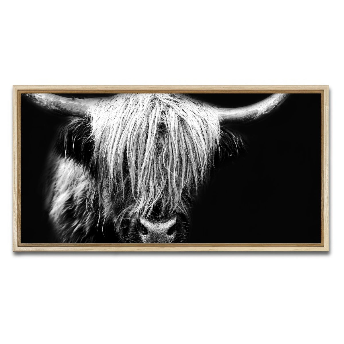 AUTO-MOCKUP WHITE | Grayscale Highland Cow | 1 Piece | Natural Framed Canvas | group=2x1