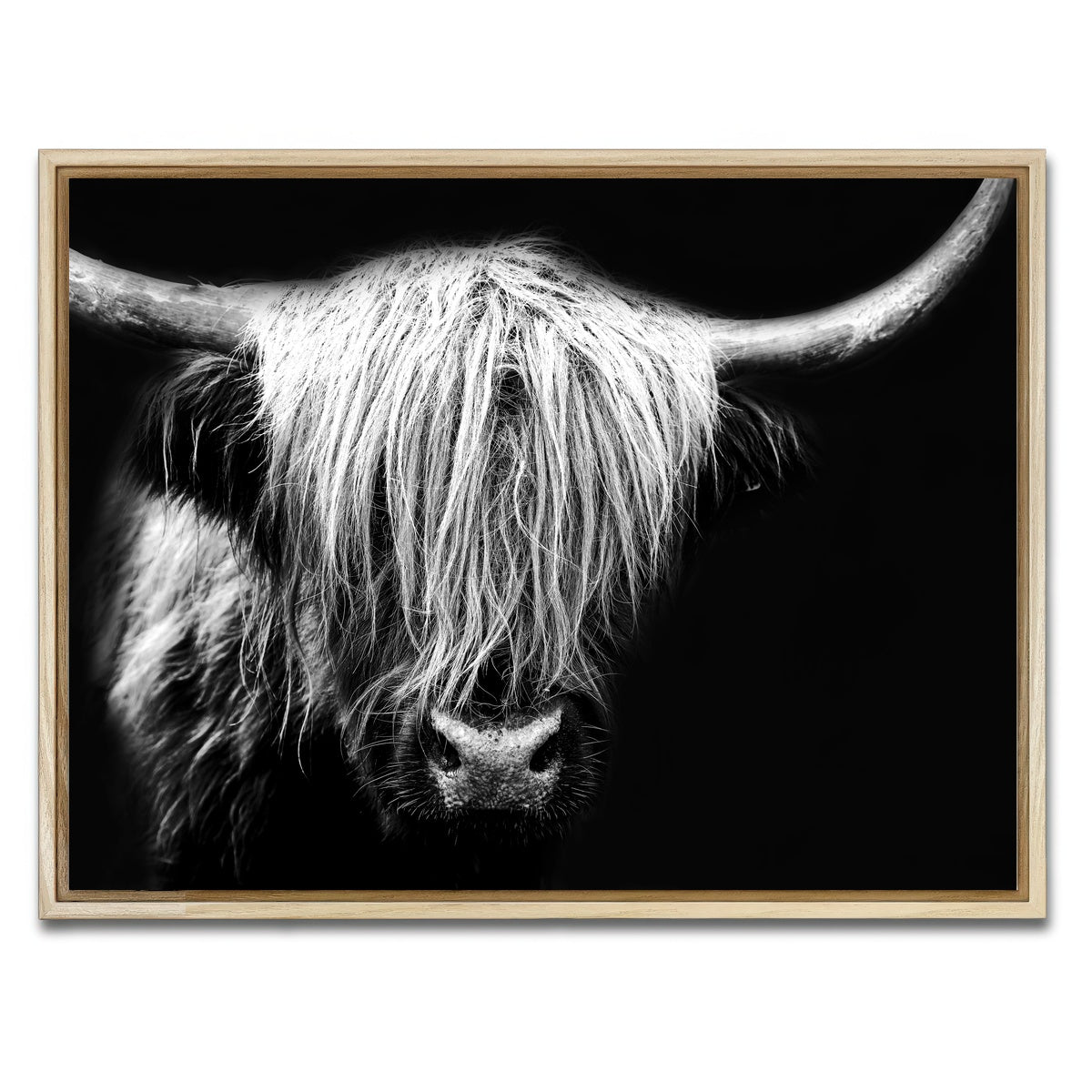 AUTO-MOCKUP WHITE | Grayscale Highland Cow | 1 Piece | Natural Framed Canvas | group=4x3